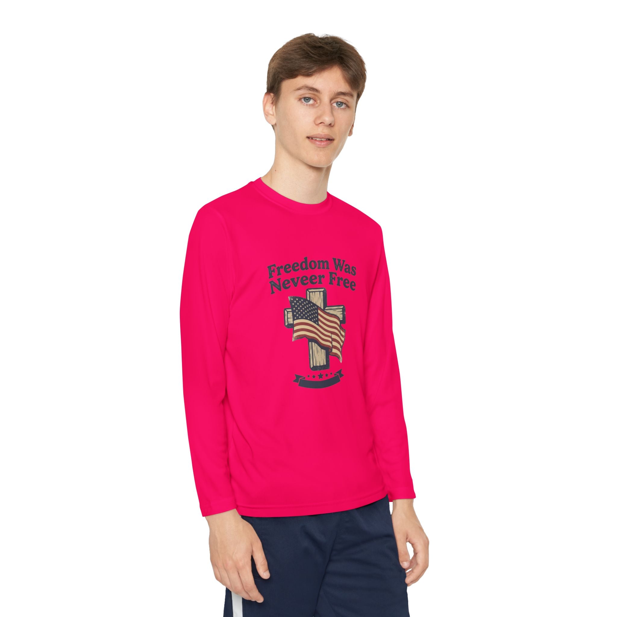 Youth Long Sleeve Tee — "Freedom Was Never Free" Patriotic Flag Design