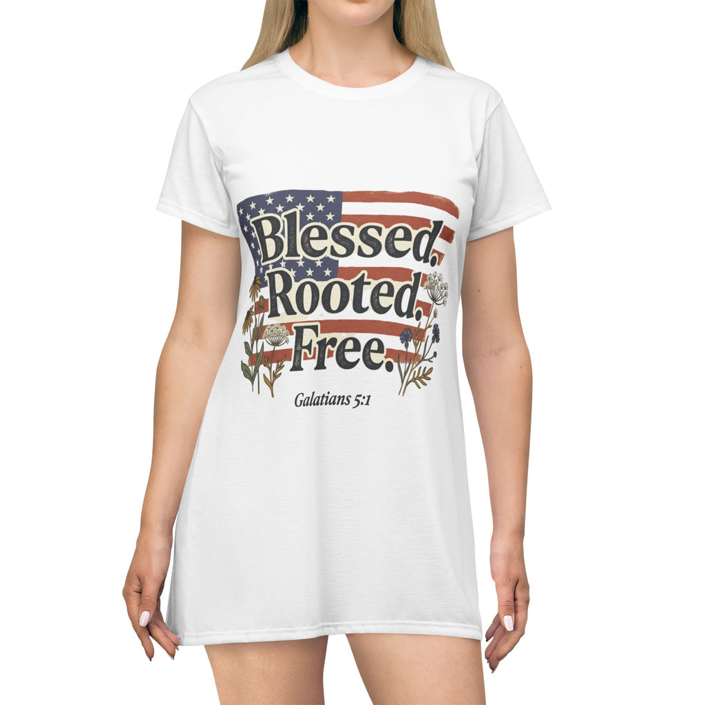 Patriotic "Blessed. Rooted. Free." T-Shirt Dress — Christian Flag Floral Graphic