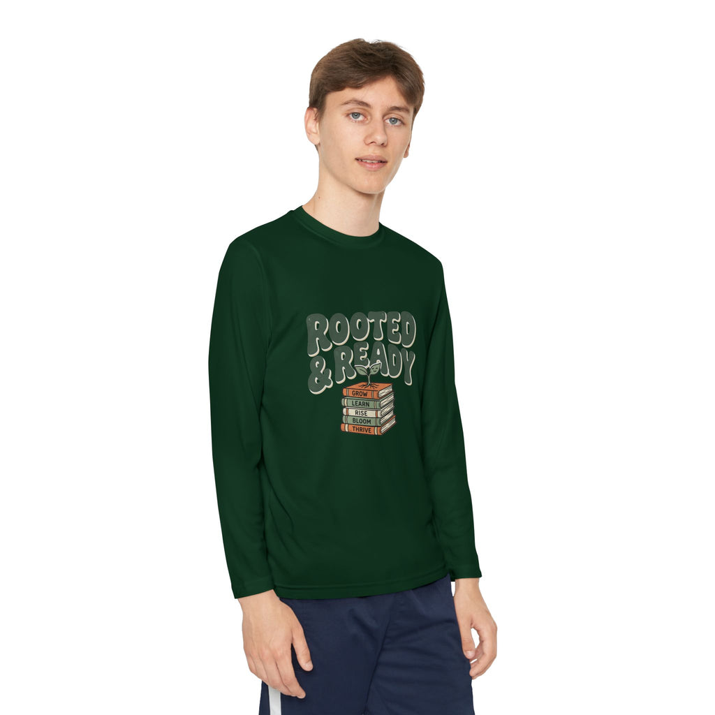 Rooted & Ready Youth Long Sleeve Tee - Stacked Books Graphic for Young Readers, Back-to-School Gift