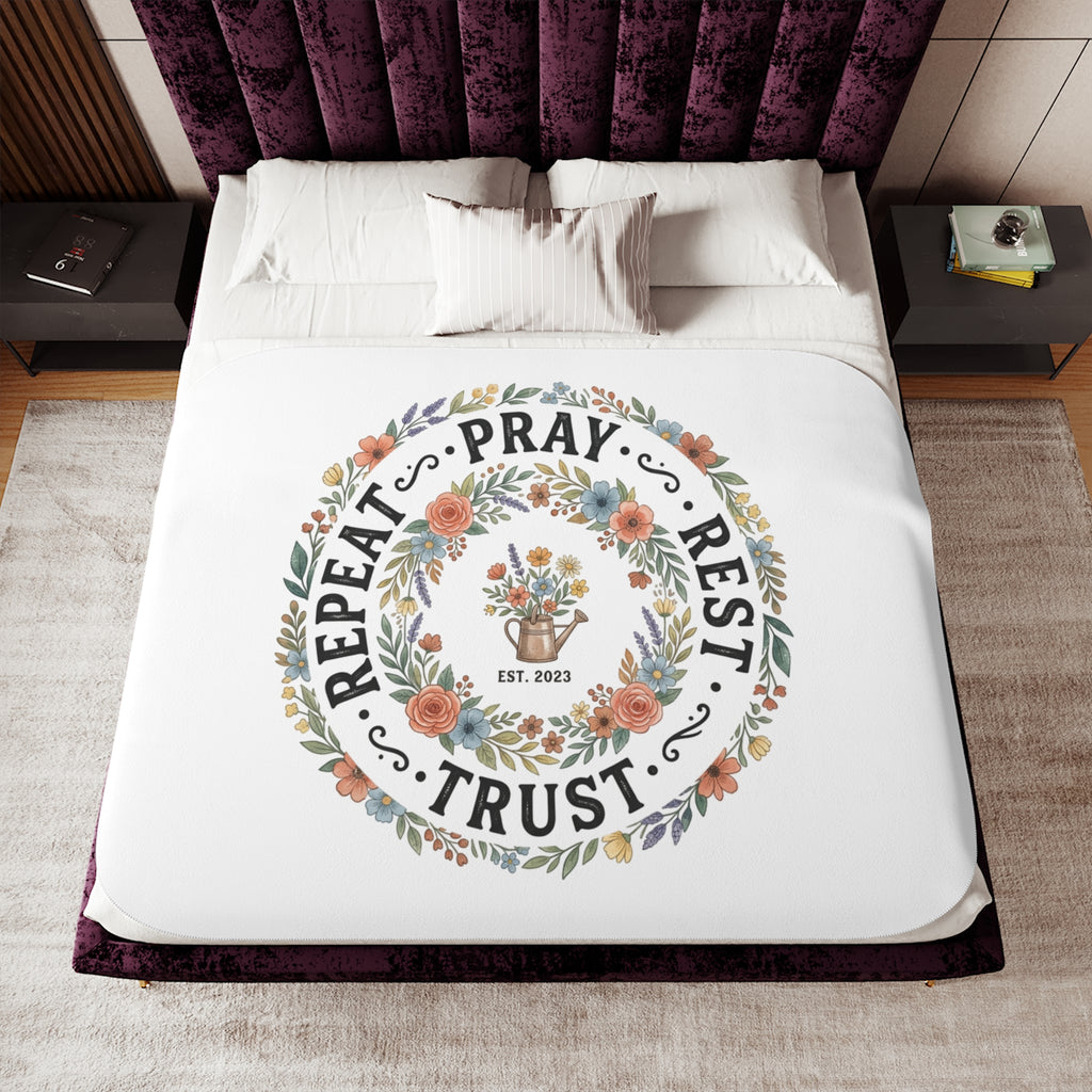 Sherpa Blanket — "Repeat • Pray • Rest • Trust" Floral Cozy Throw for Faith-Based Comfort, Gift for Women