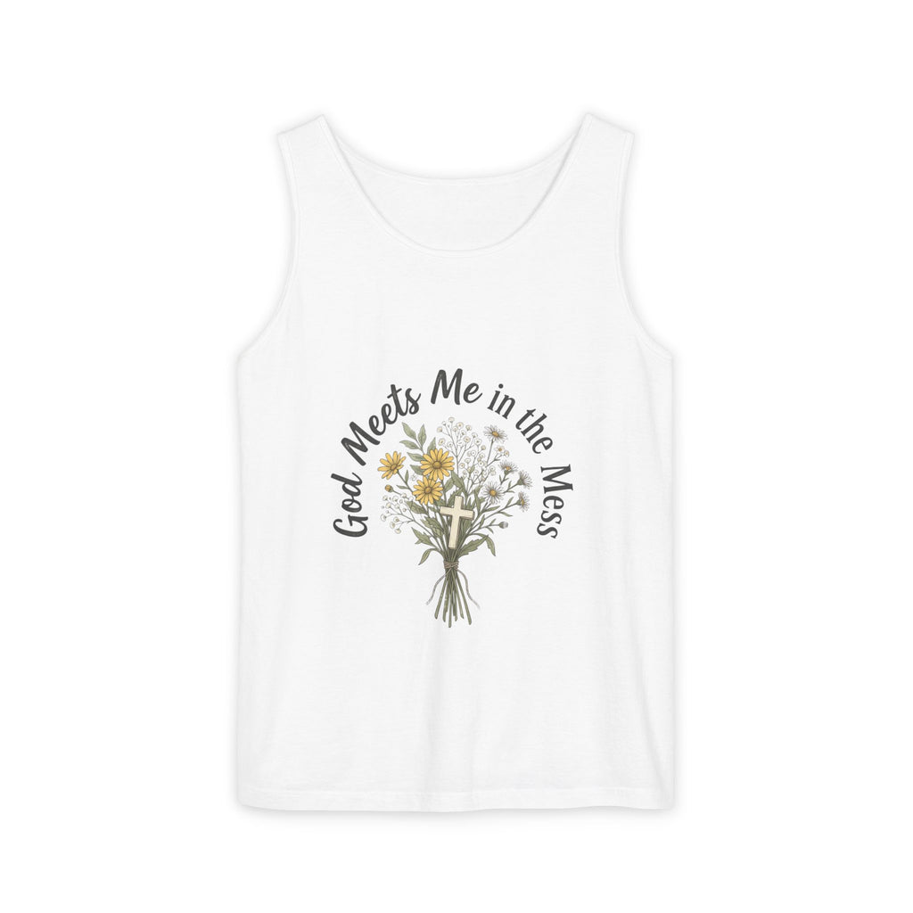 Faith Floral Tank — “God Meets Me in the Mess” Bible Verse Tank Top