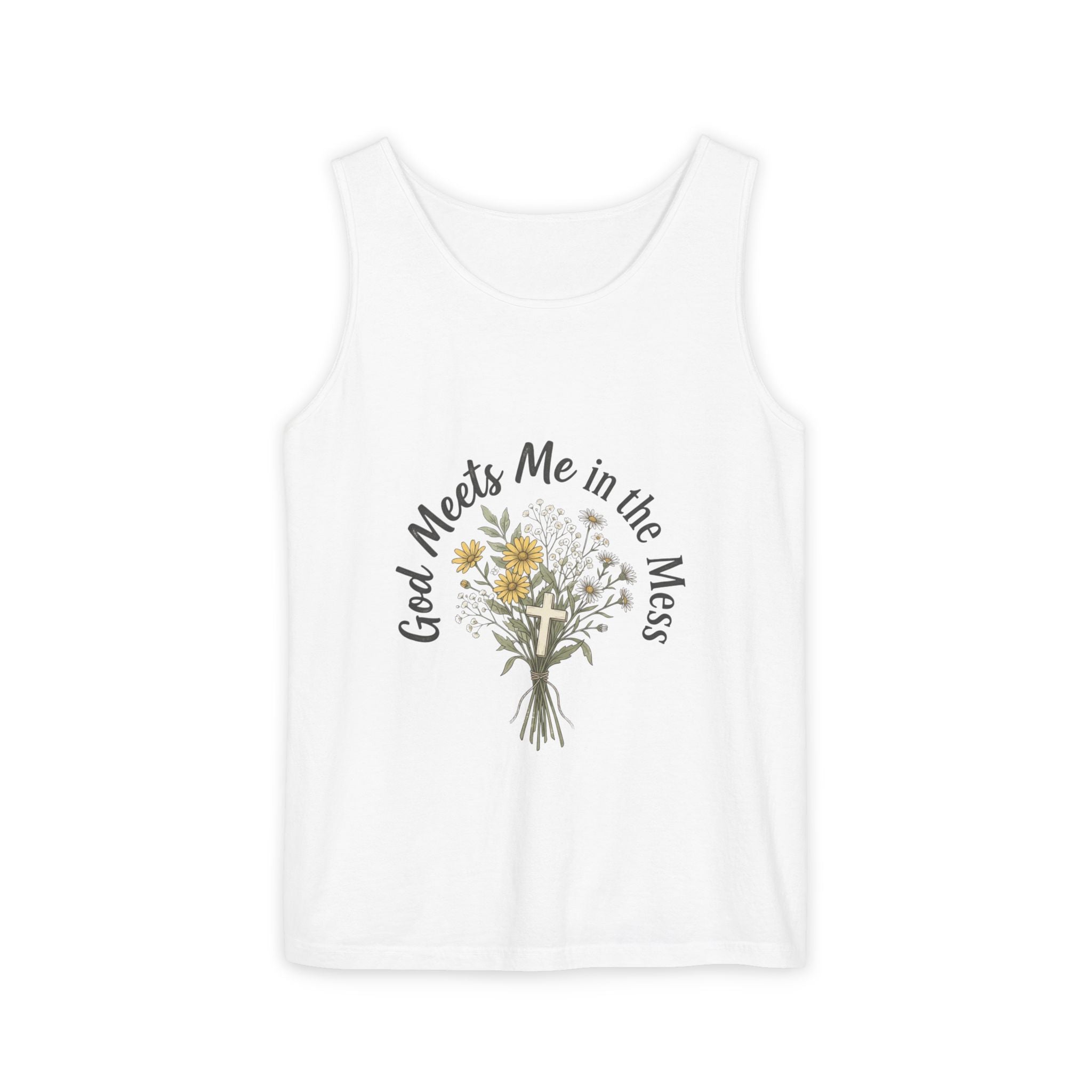 Faith Floral Tank — “God Meets Me in the Mess” Bible Verse Tank Top