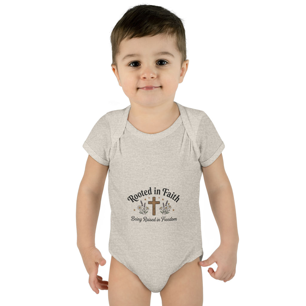 Infant Bodysuit - "Rooted in Faith" Cross Baby Onesie (Religious Newborn Gift)