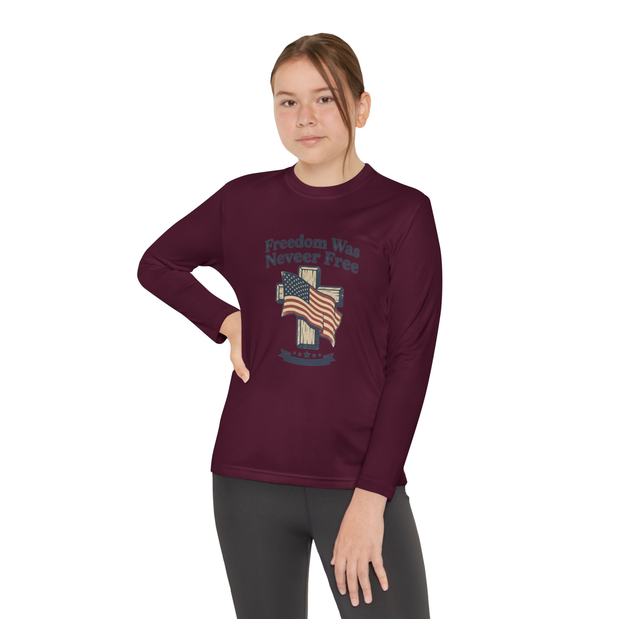 Youth Long Sleeve Tee — "Freedom Was Never Free" Patriotic Flag Design