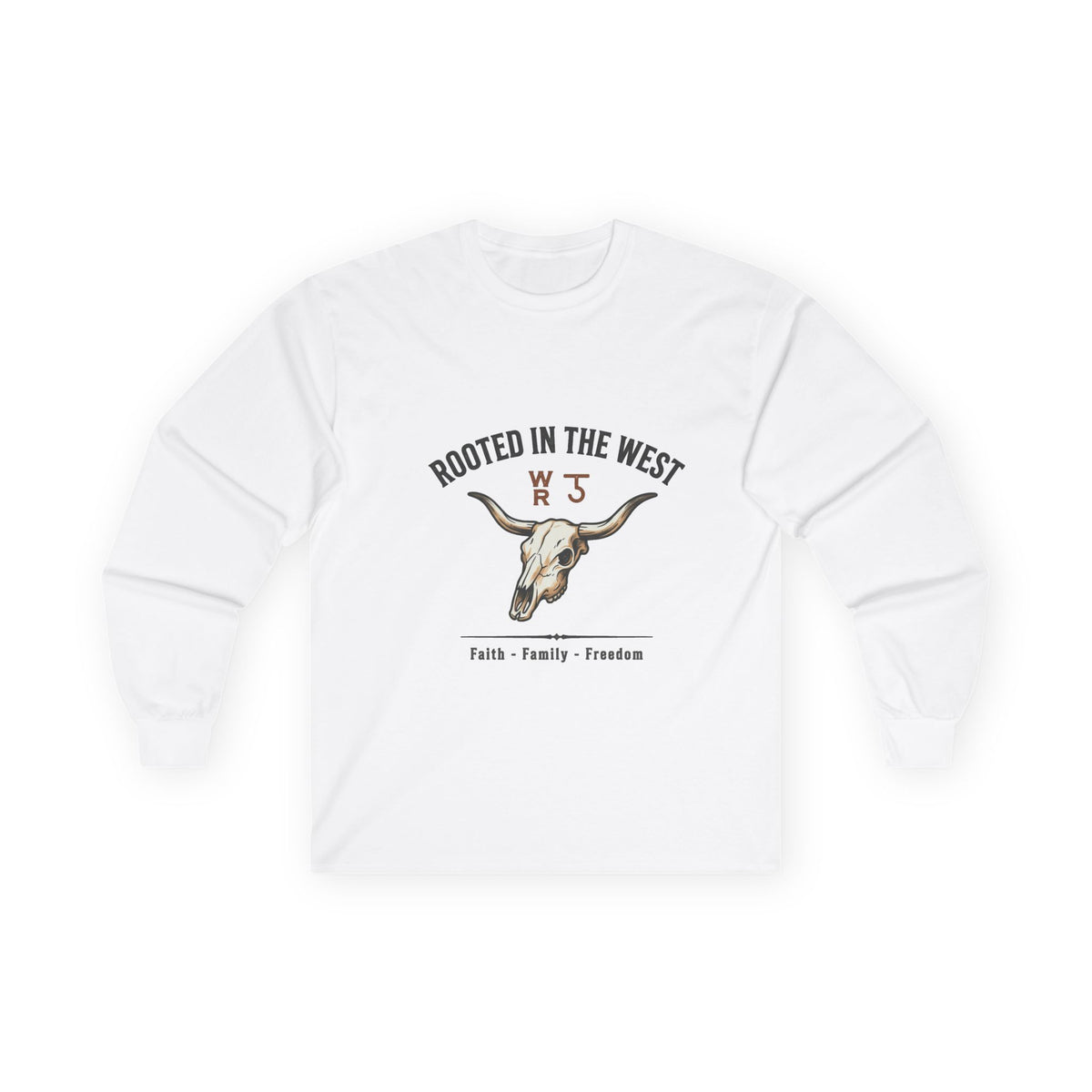 Rooted in the West Long Sleeve Tee — Vintage Steer Skull, Faith • Family • Freedom