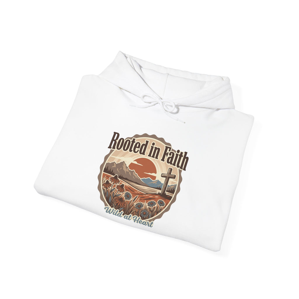 Rooted in Faith Hoodie — Christian Cross Sunset Design (Proverbs 16:25 Back)
