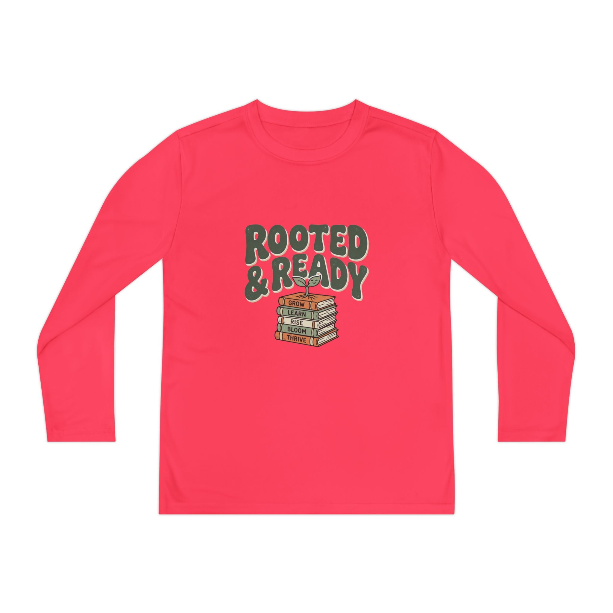 Rooted & Ready Youth Long Sleeve Tee - Stacked Books Graphic for Young Readers, Back-to-School Gift