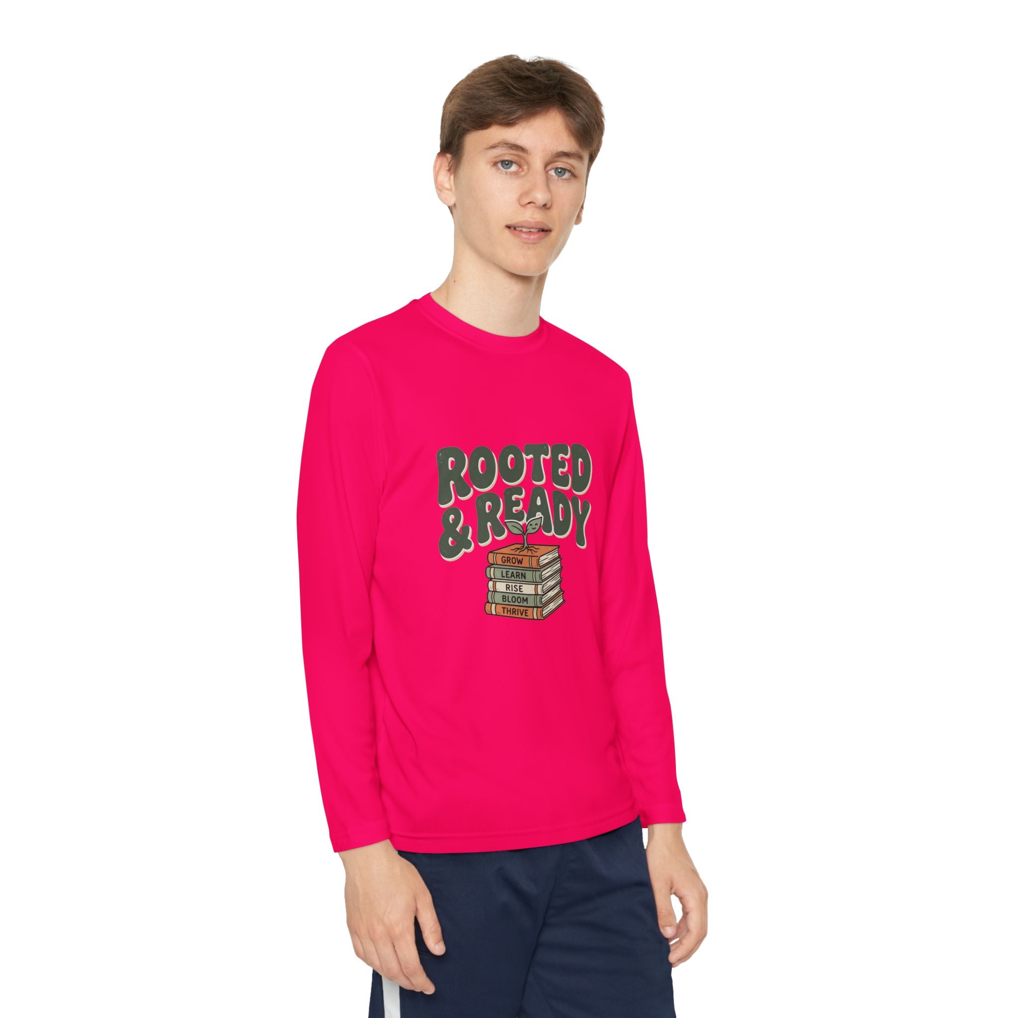 Rooted & Ready Youth Long Sleeve Tee - Stacked Books Graphic for Young Readers, Back-to-School Gift
