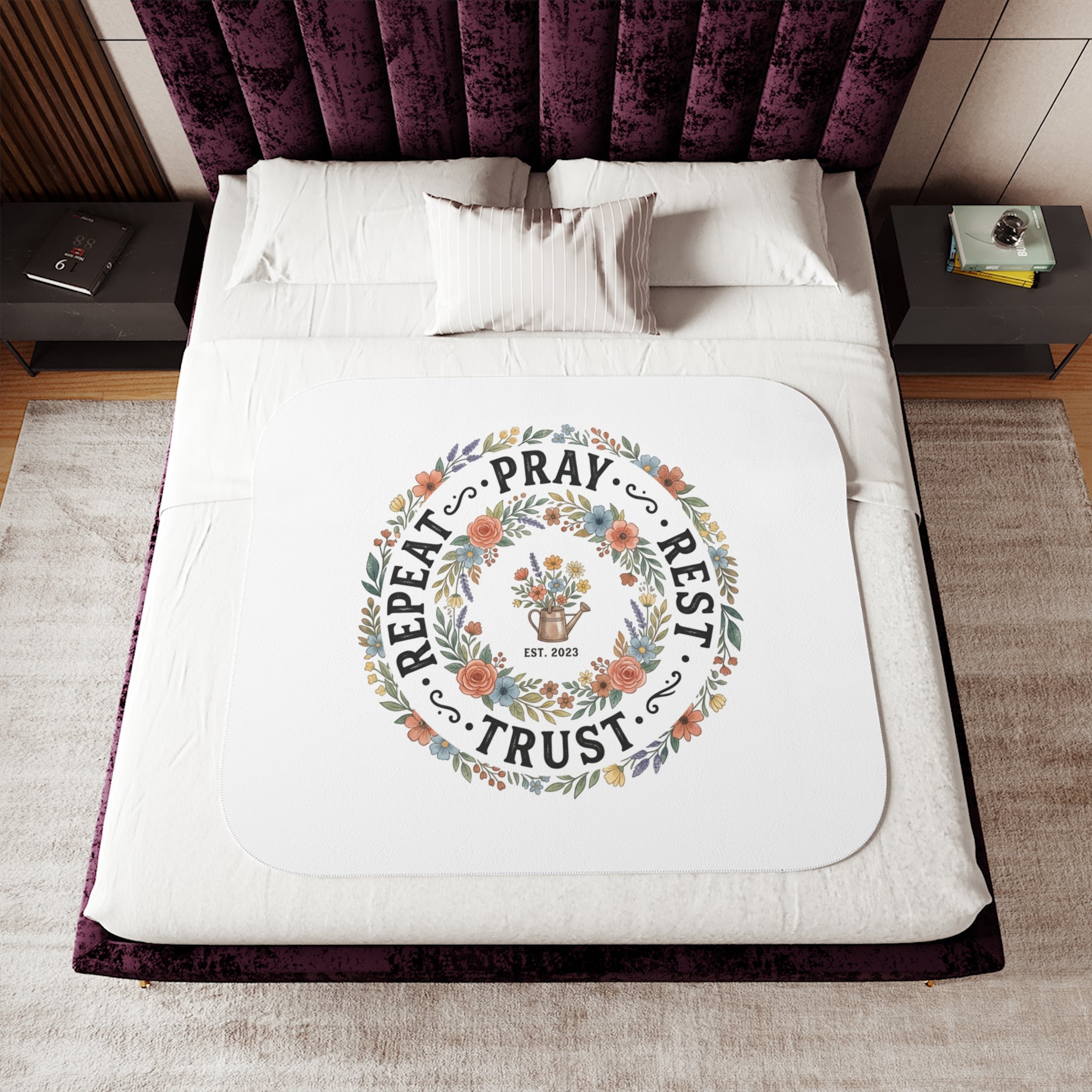 Sherpa Blanket — "Repeat • Pray • Rest • Trust" Floral Cozy Throw for Faith-Based Comfort, Gift for Women