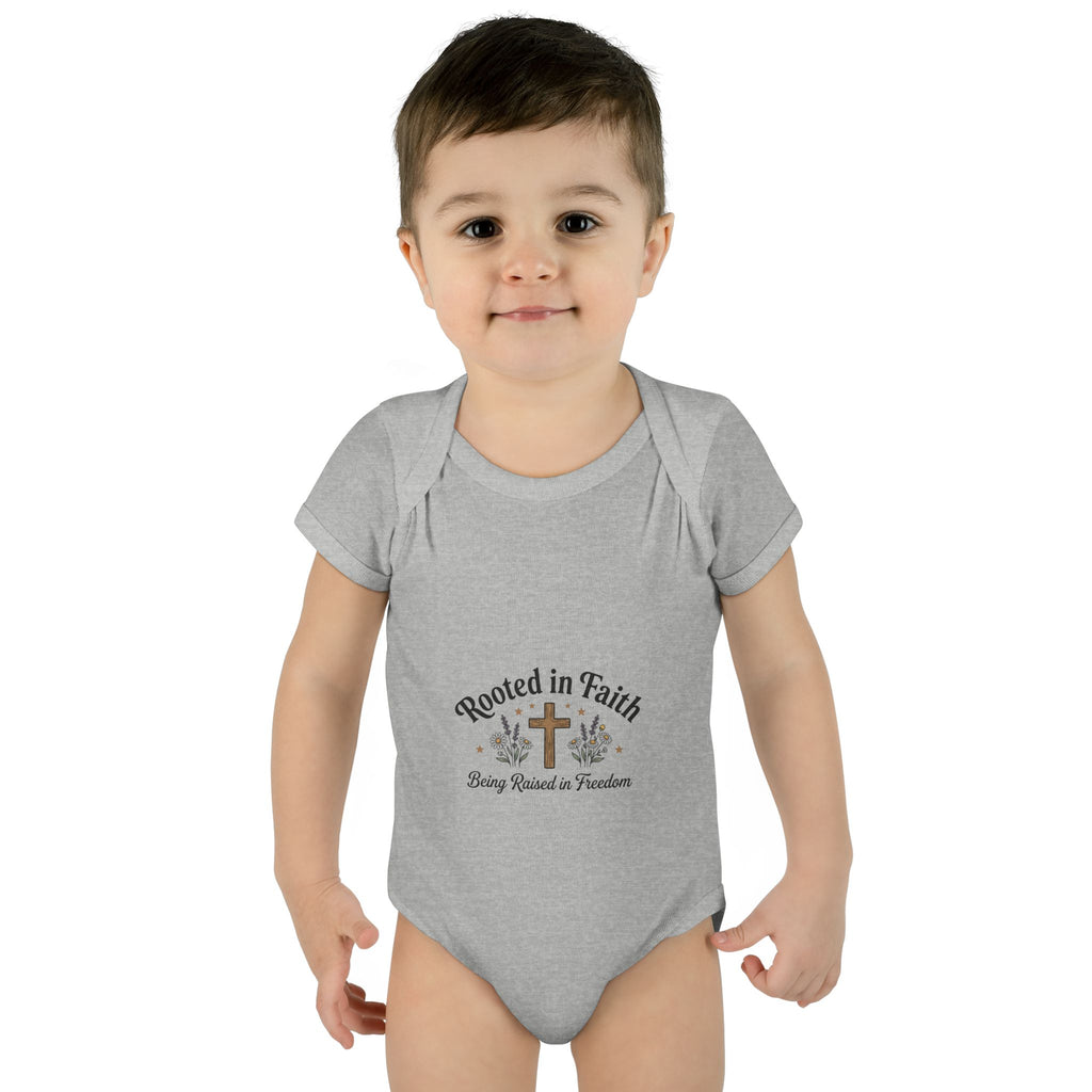 Infant Bodysuit - "Rooted in Faith" Cross Baby Onesie (Religious Newborn Gift)
