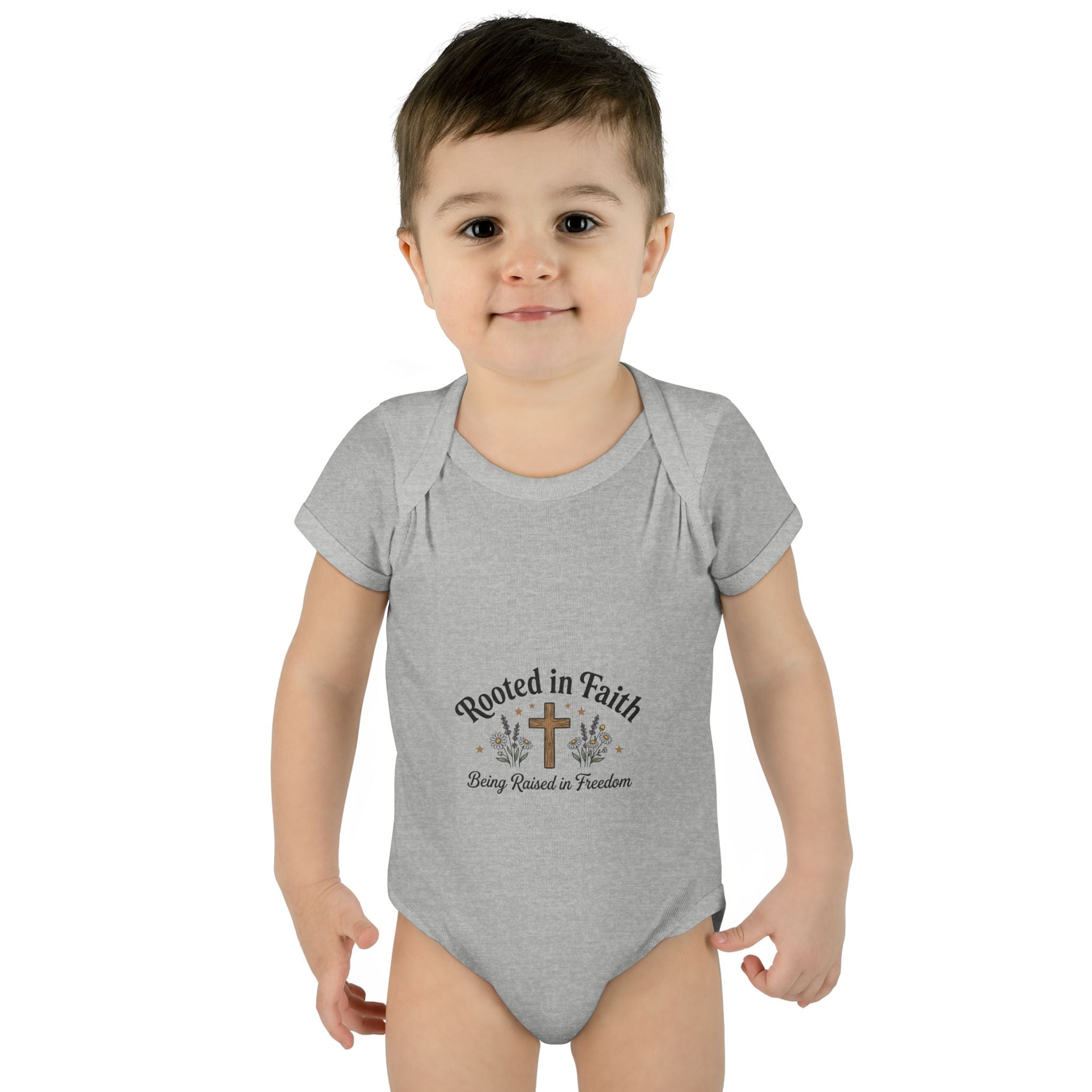 Infant Bodysuit - "Rooted in Faith" Cross Baby Onesie (Religious Newborn Gift)