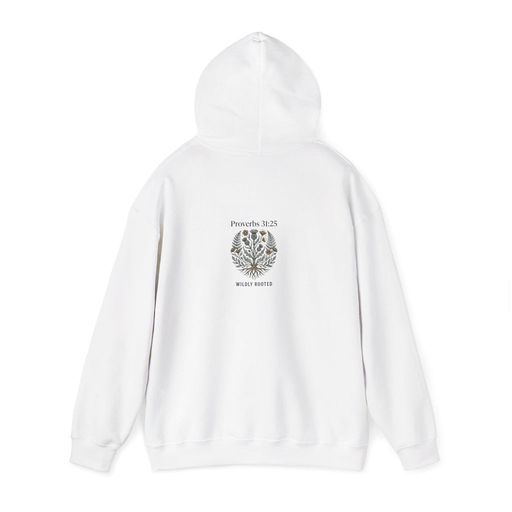 Rooted in Faith Hoodie — Christian Cross Sunset Design (Proverbs 16:25 Back)