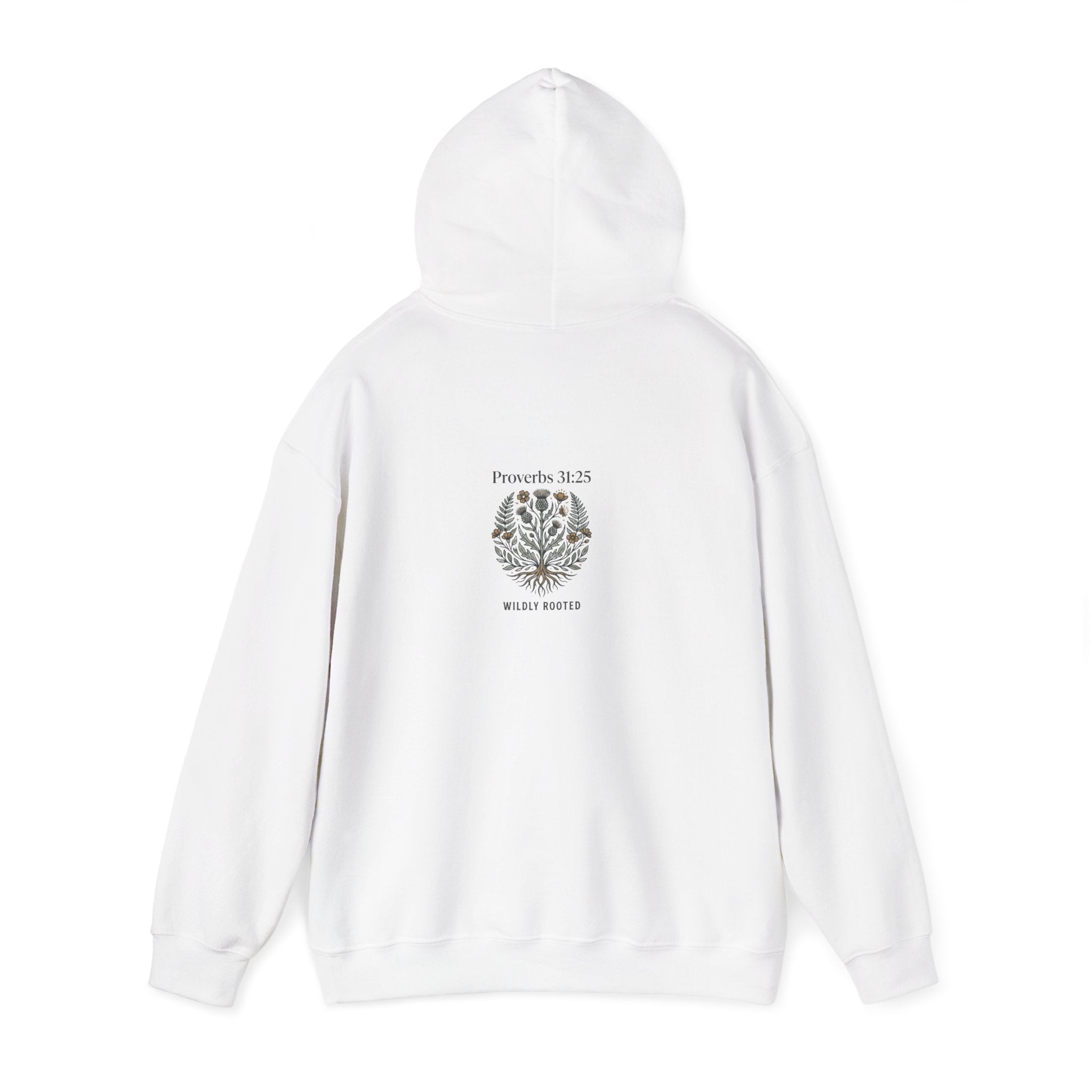 Rooted in Faith Hoodie — Christian Cross Sunset Design (Proverbs 16:25 Back)