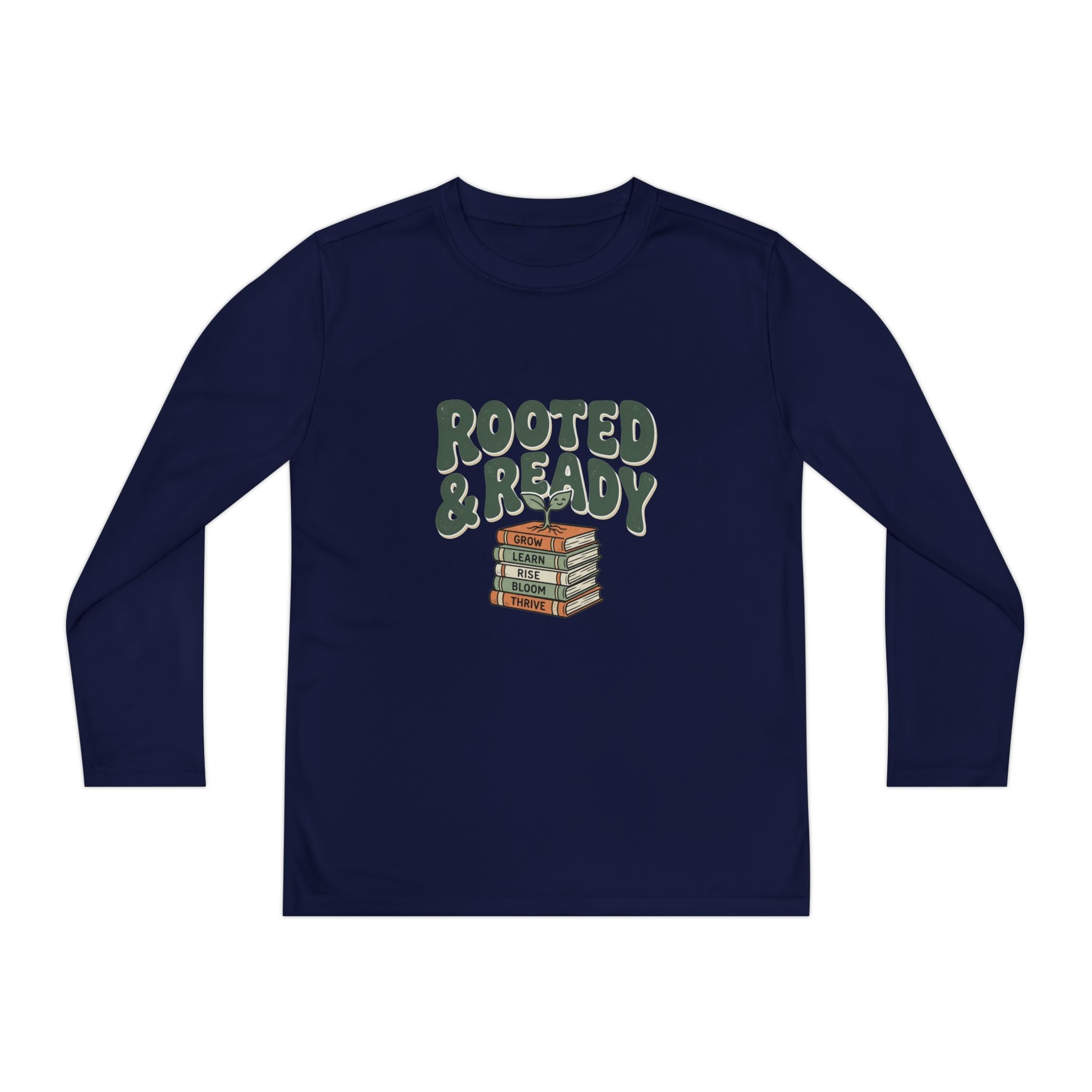 Rooted & Ready Youth Long Sleeve Tee - Stacked Books Graphic for Young Readers, Back-to-School Gift