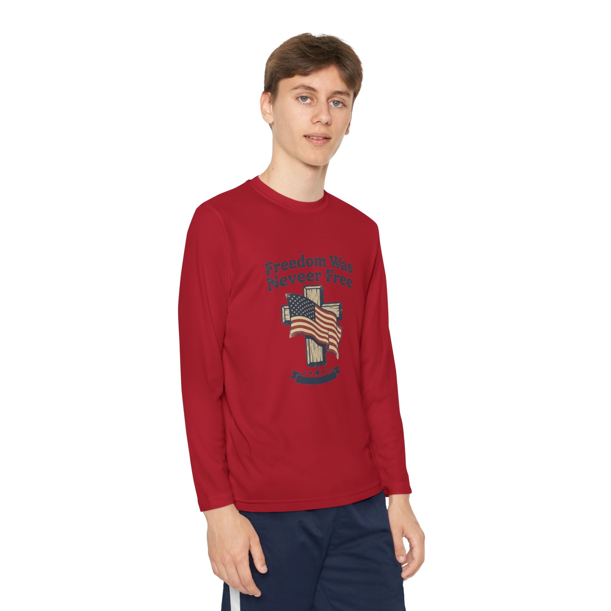 Youth Long Sleeve Tee — "Freedom Was Never Free" Patriotic Flag Design