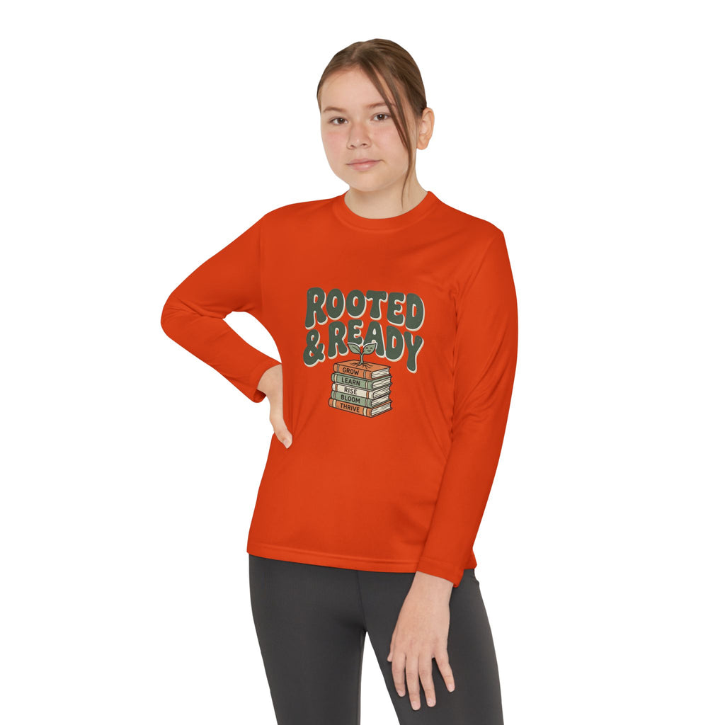 Rooted & Ready Youth Long Sleeve Tee - Stacked Books Graphic for Young Readers, Back-to-School Gift