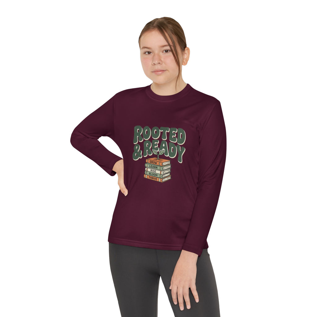 Rooted & Ready Youth Long Sleeve Tee - Stacked Books Graphic for Young Readers, Back-to-School Gift