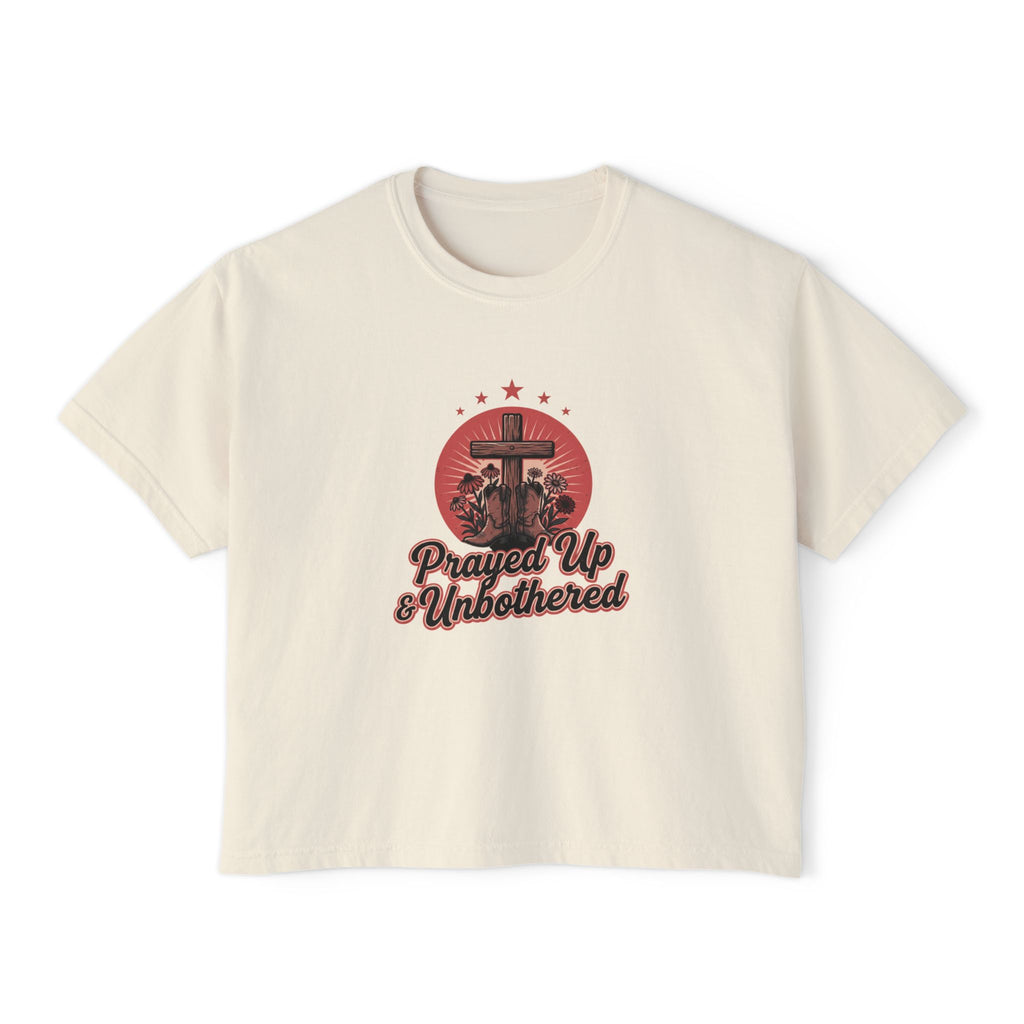 Women's Boxy Tee — "Prayed Up & Unbothered" Christian Graphic Crop Top