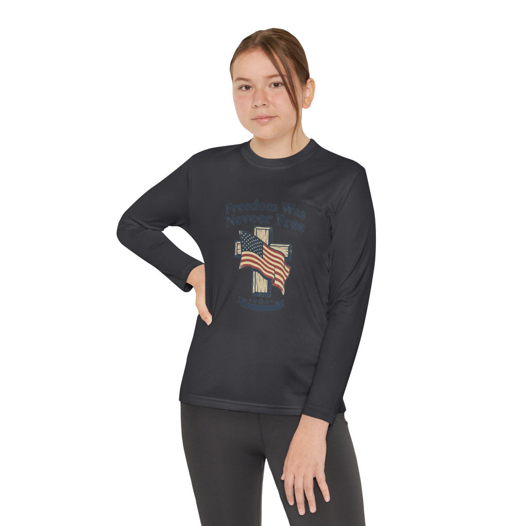 Youth Long Sleeve Tee — "Freedom Was Never Free" Patriotic Flag Design