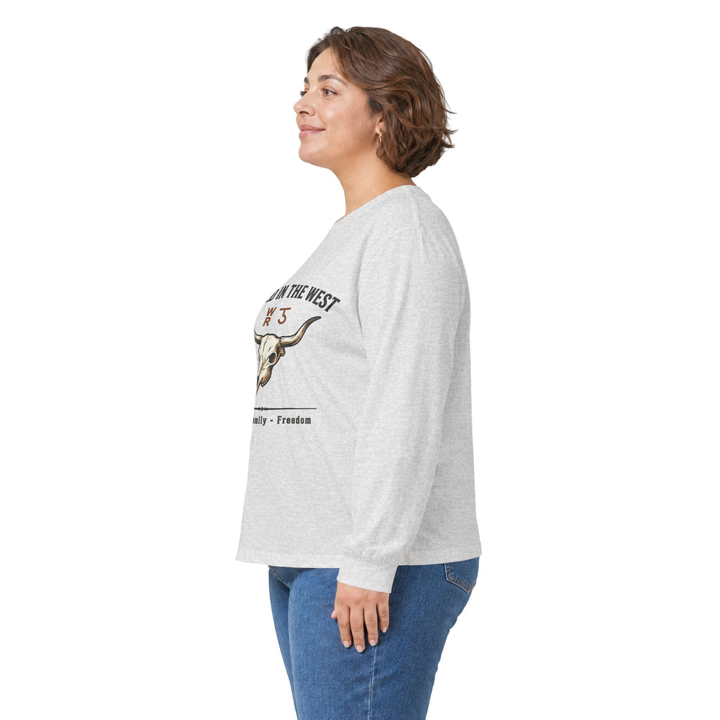 Rooted in the West Long Sleeve Tee — Vintage Steer Skull, Faith • Family • Freedom