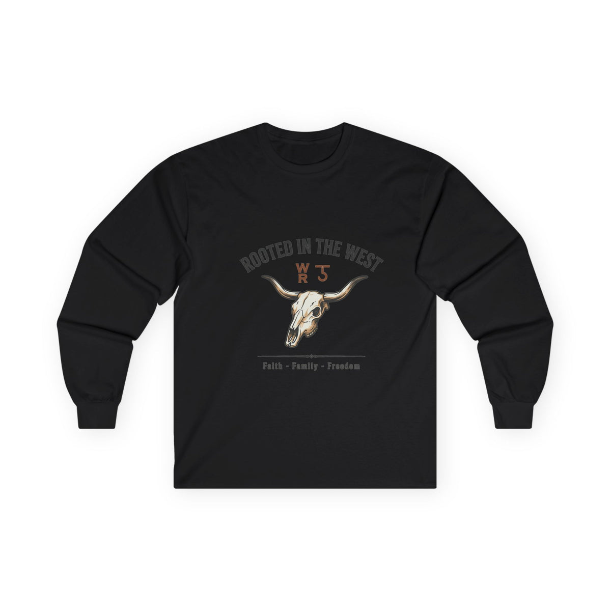 Rooted in the West Long Sleeve Tee — Vintage Steer Skull, Faith • Family • Freedom