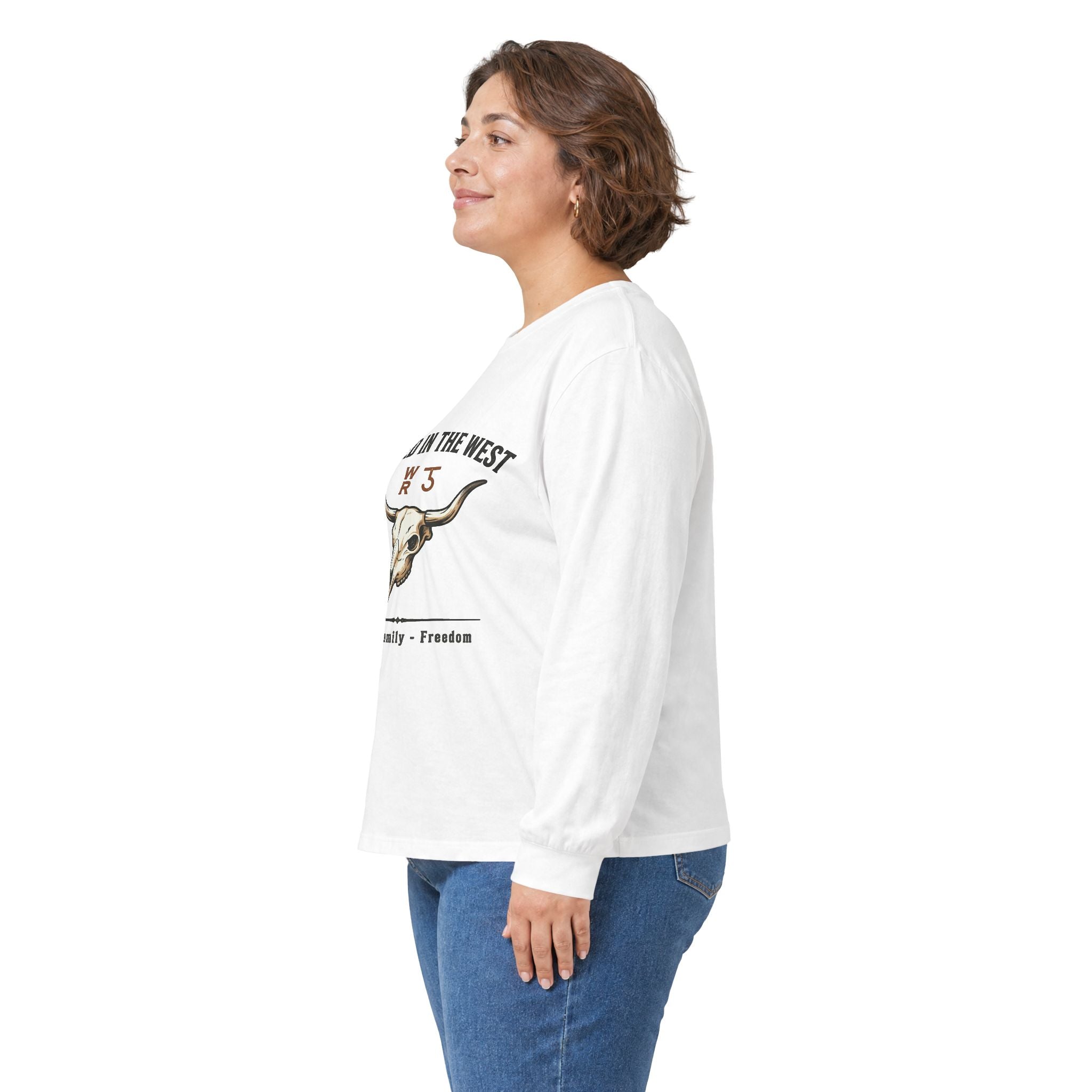 Rooted in the West Long Sleeve Tee — Vintage Steer Skull, Faith • Family • Freedom