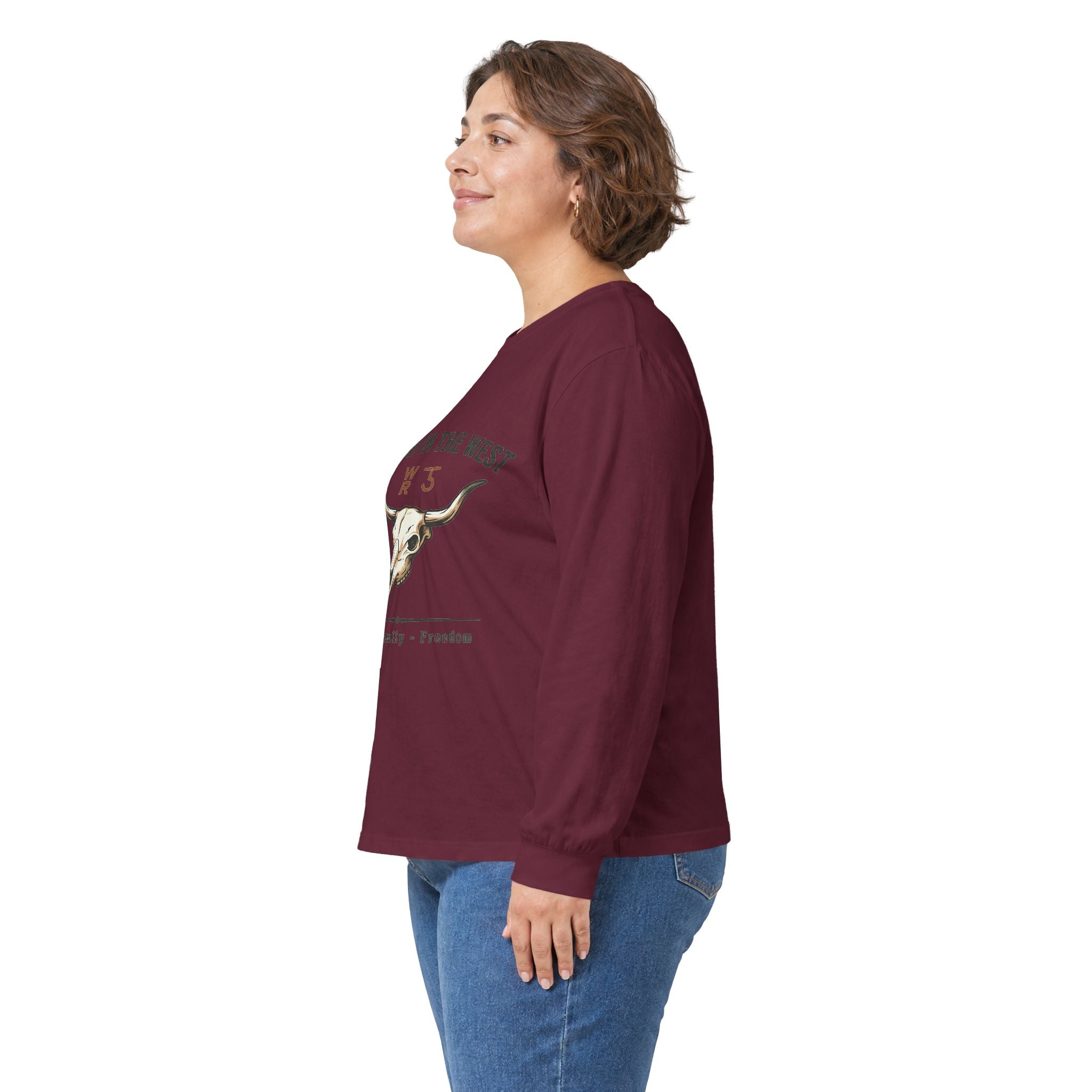Rooted in the West Long Sleeve Tee — Vintage Steer Skull, Faith • Family • Freedom