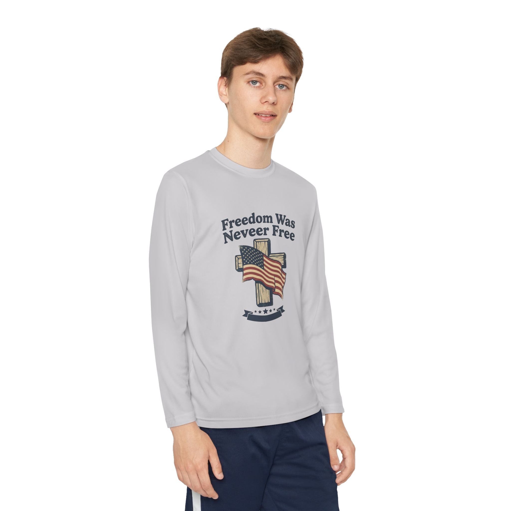 Youth Long Sleeve Tee — "Freedom Was Never Free" Patriotic Flag Design