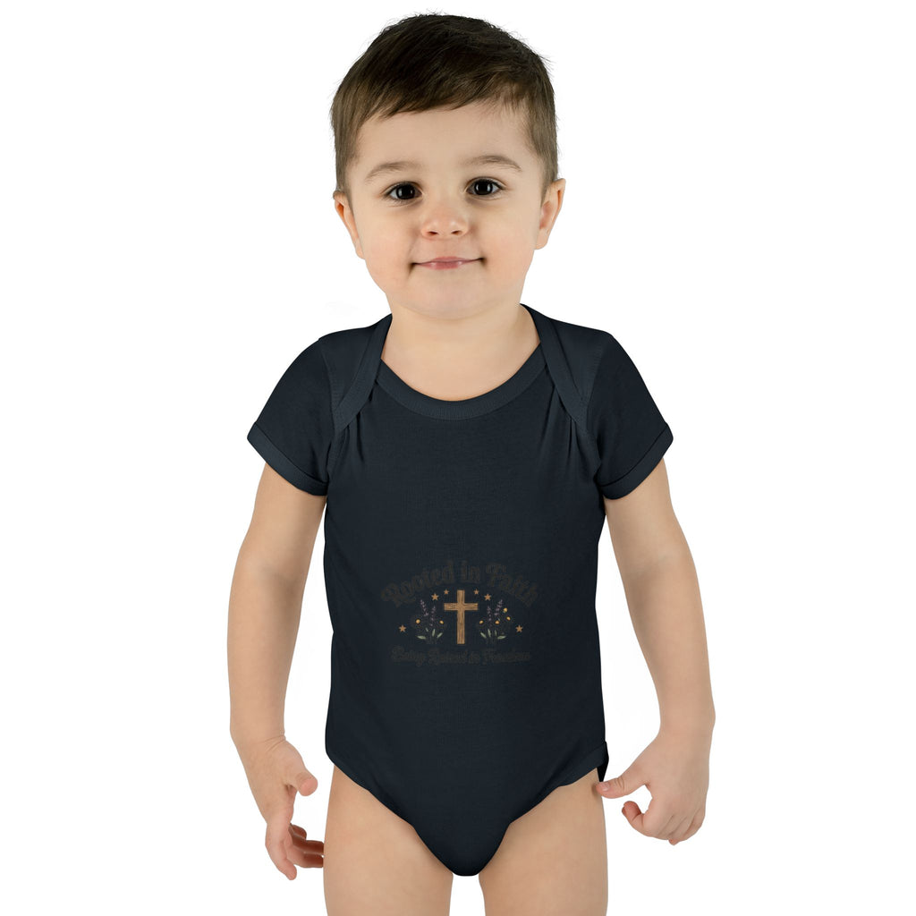Infant Bodysuit - "Rooted in Faith" Cross Baby Onesie (Religious Newborn Gift)