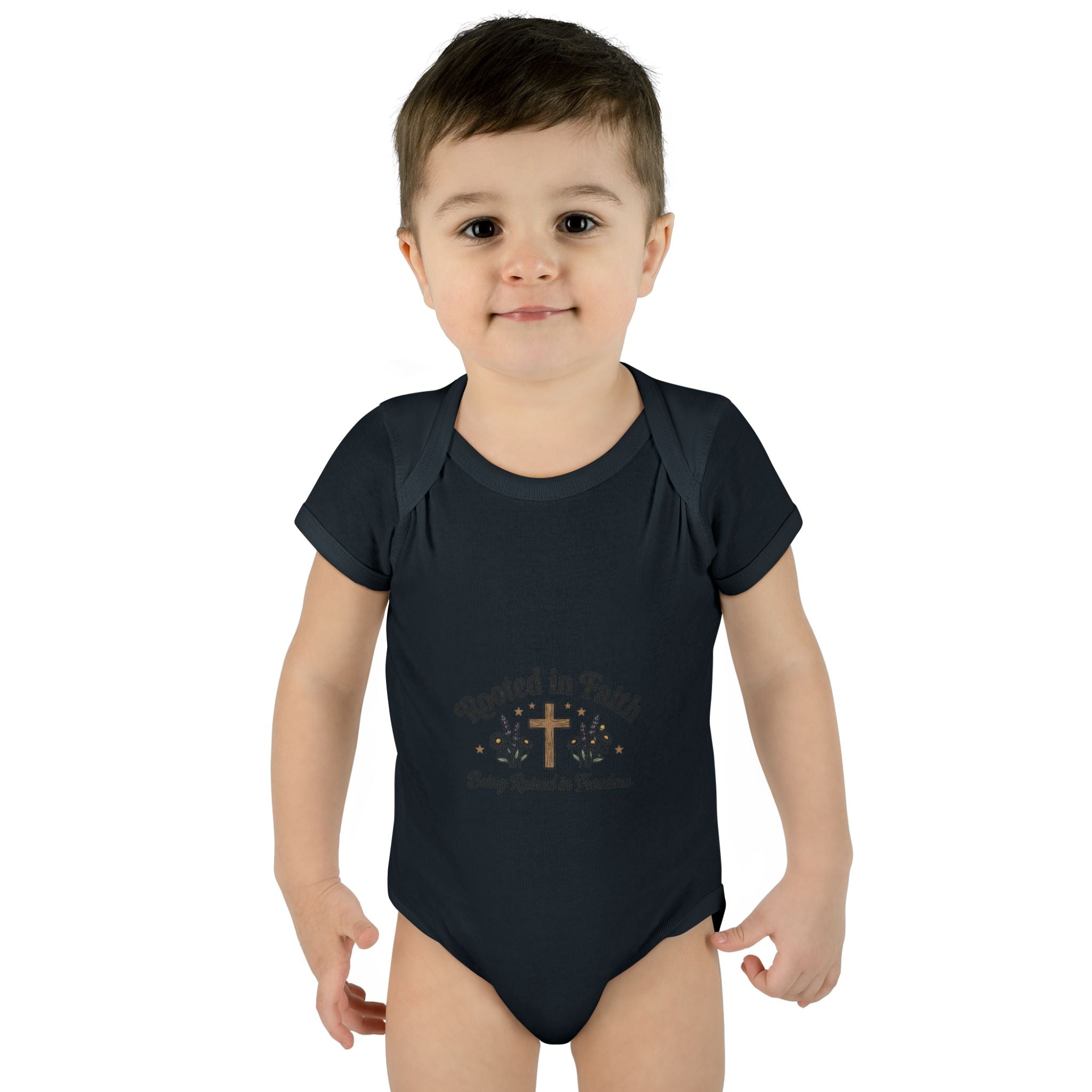 Infant Bodysuit - "Rooted in Faith" Cross Baby Onesie (Religious Newborn Gift)