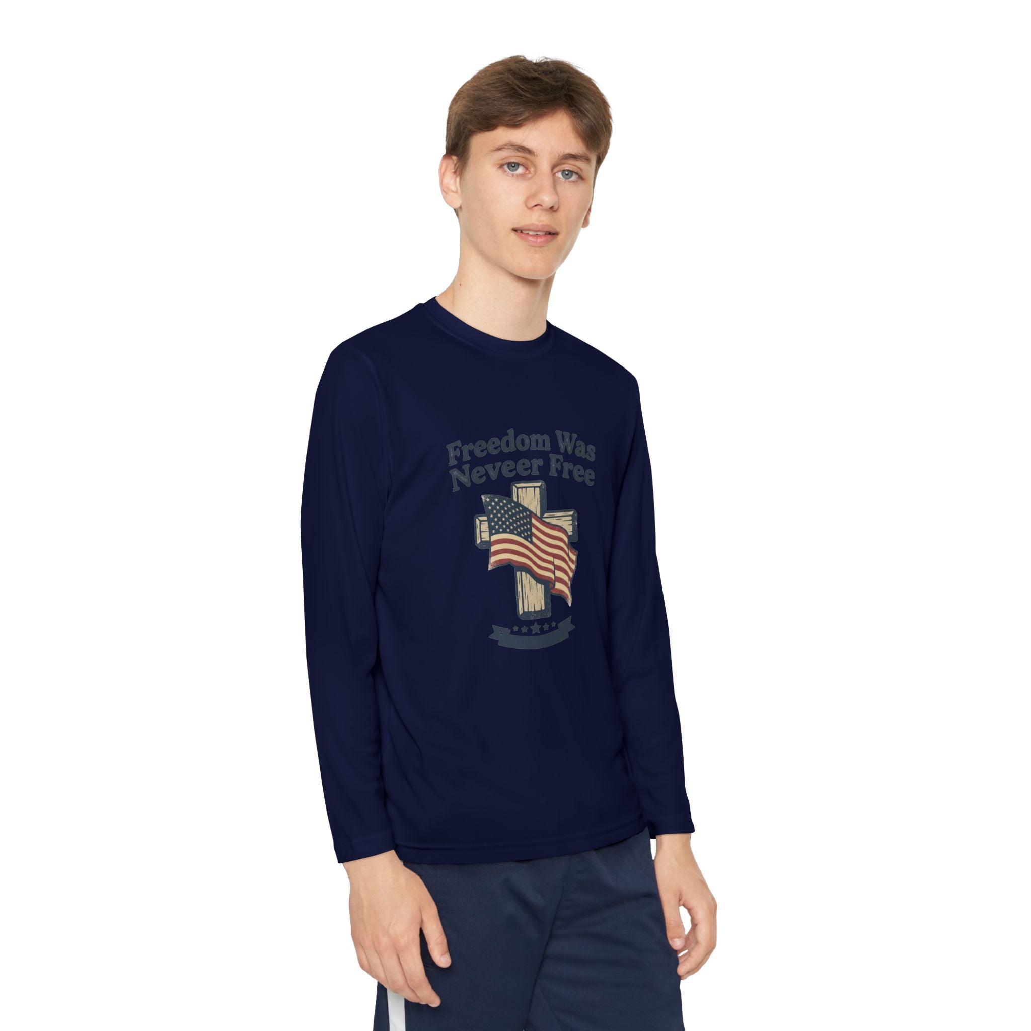 Youth Long Sleeve Tee — "Freedom Was Never Free" Patriotic Flag Design