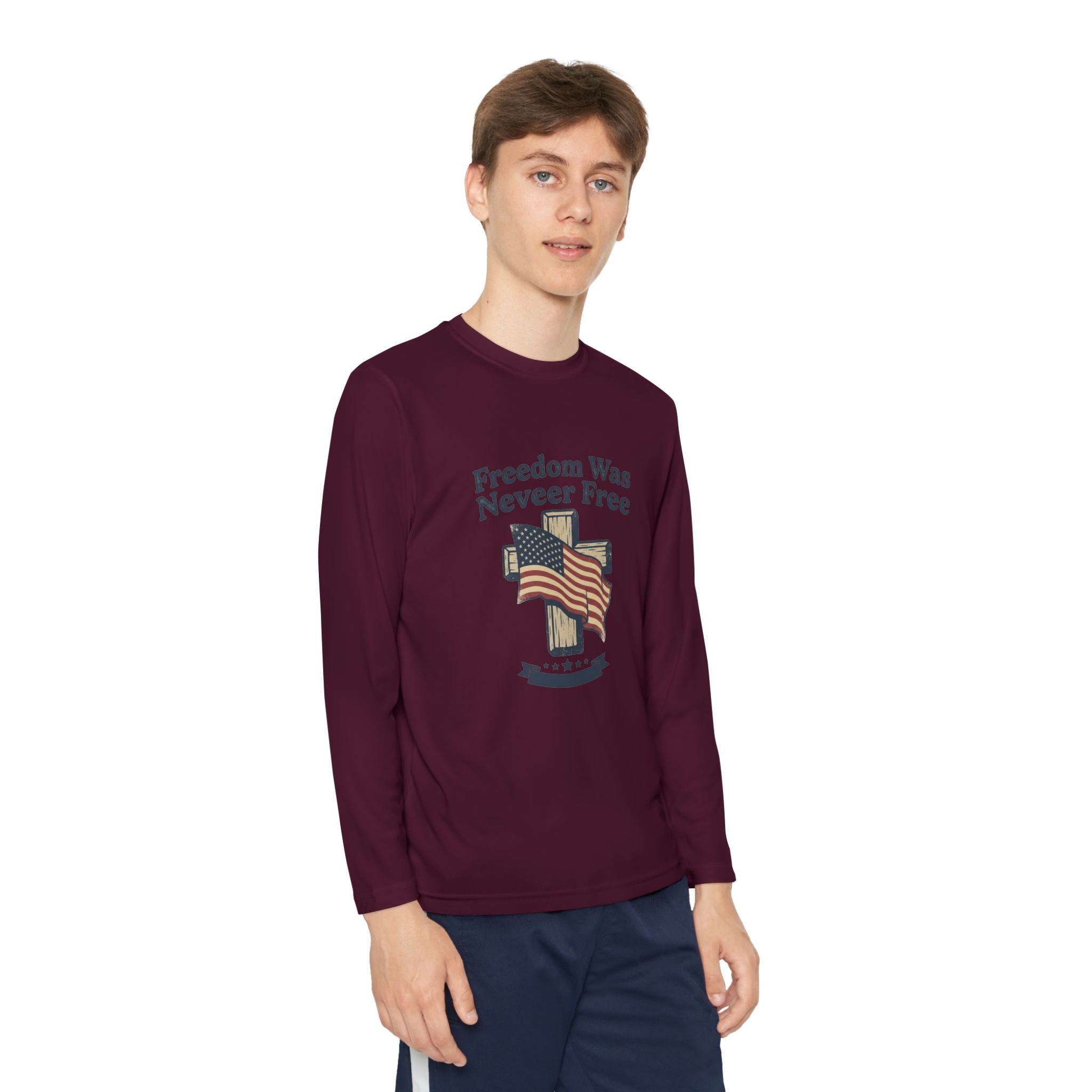 Youth Long Sleeve Tee — "Freedom Was Never Free" Patriotic Flag Design