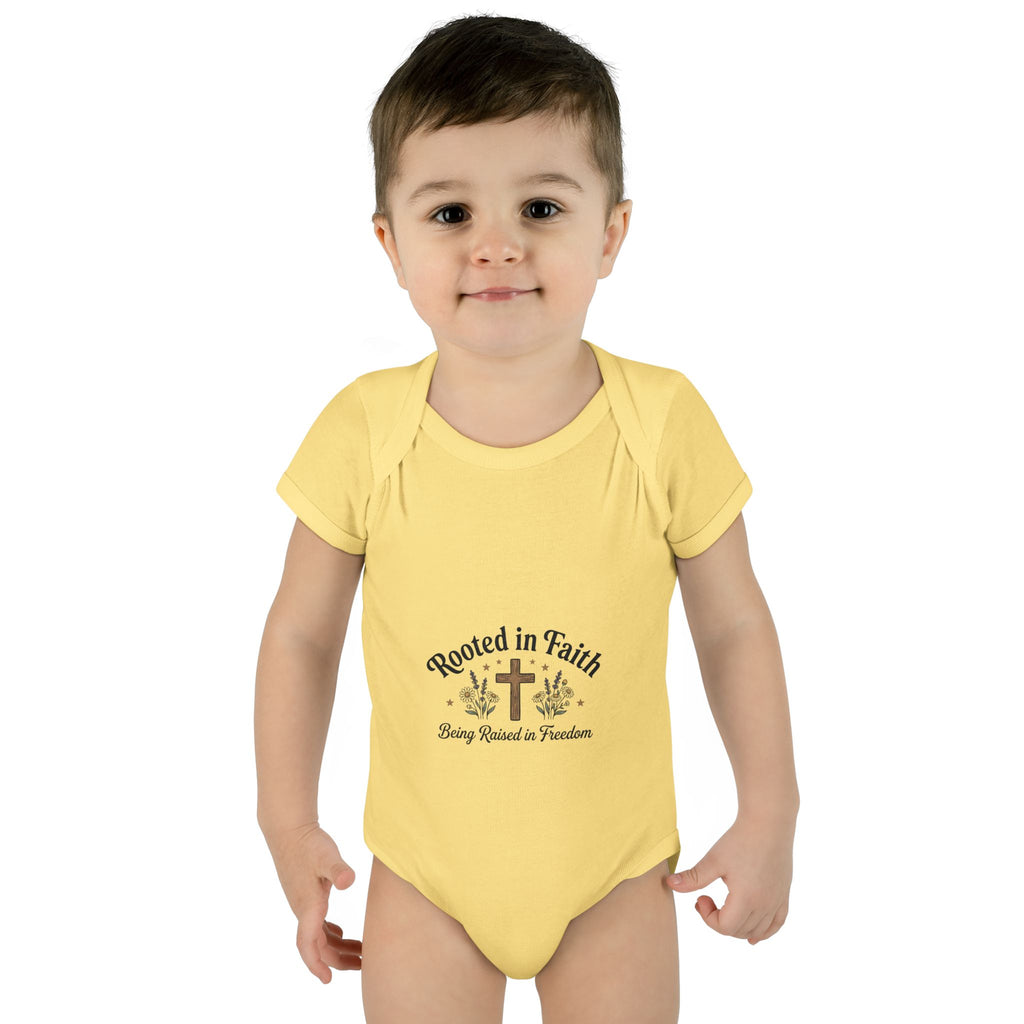 Infant Bodysuit - "Rooted in Faith" Cross Baby Onesie (Religious Newborn Gift)