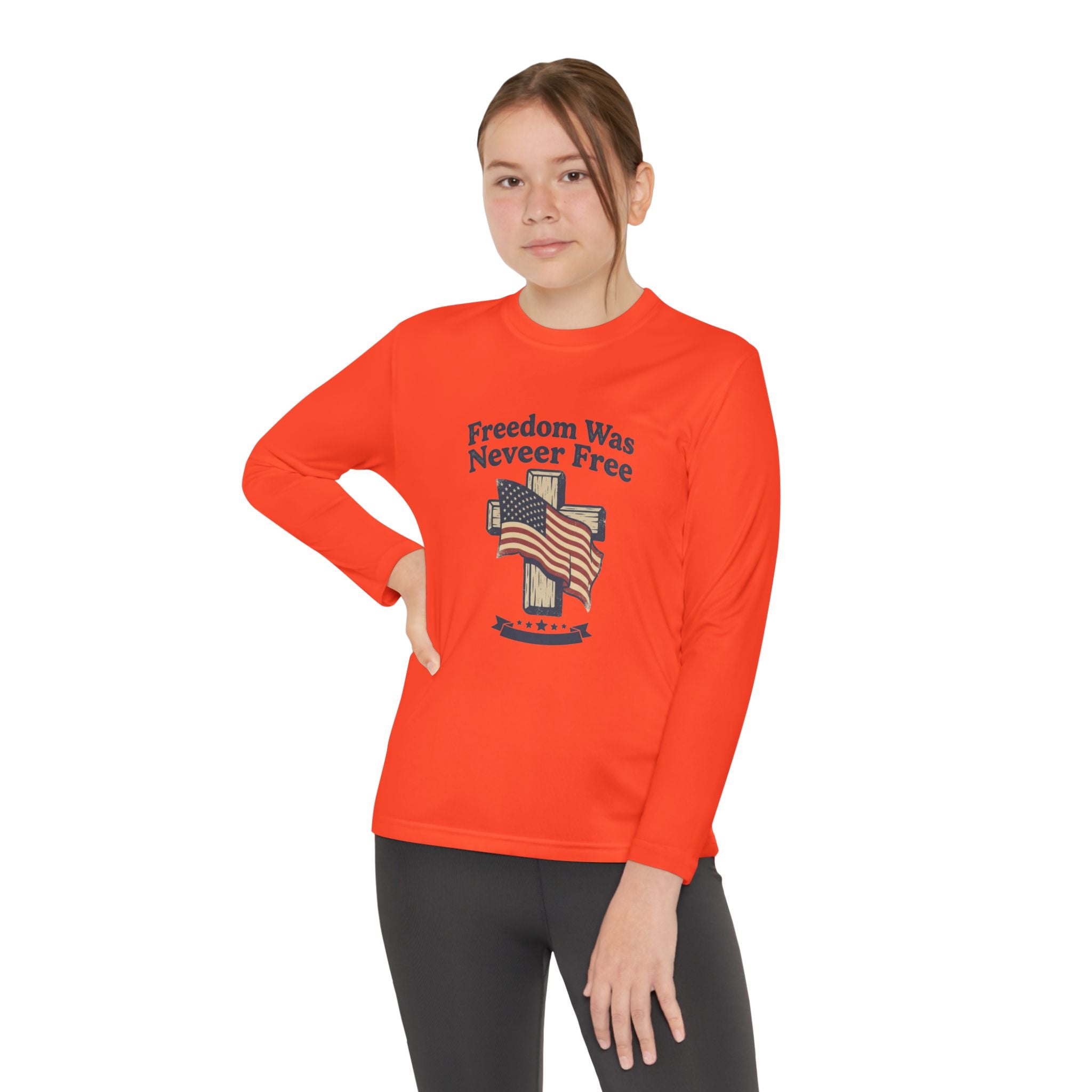 Youth Long Sleeve Tee — "Freedom Was Never Free" Patriotic Flag Design