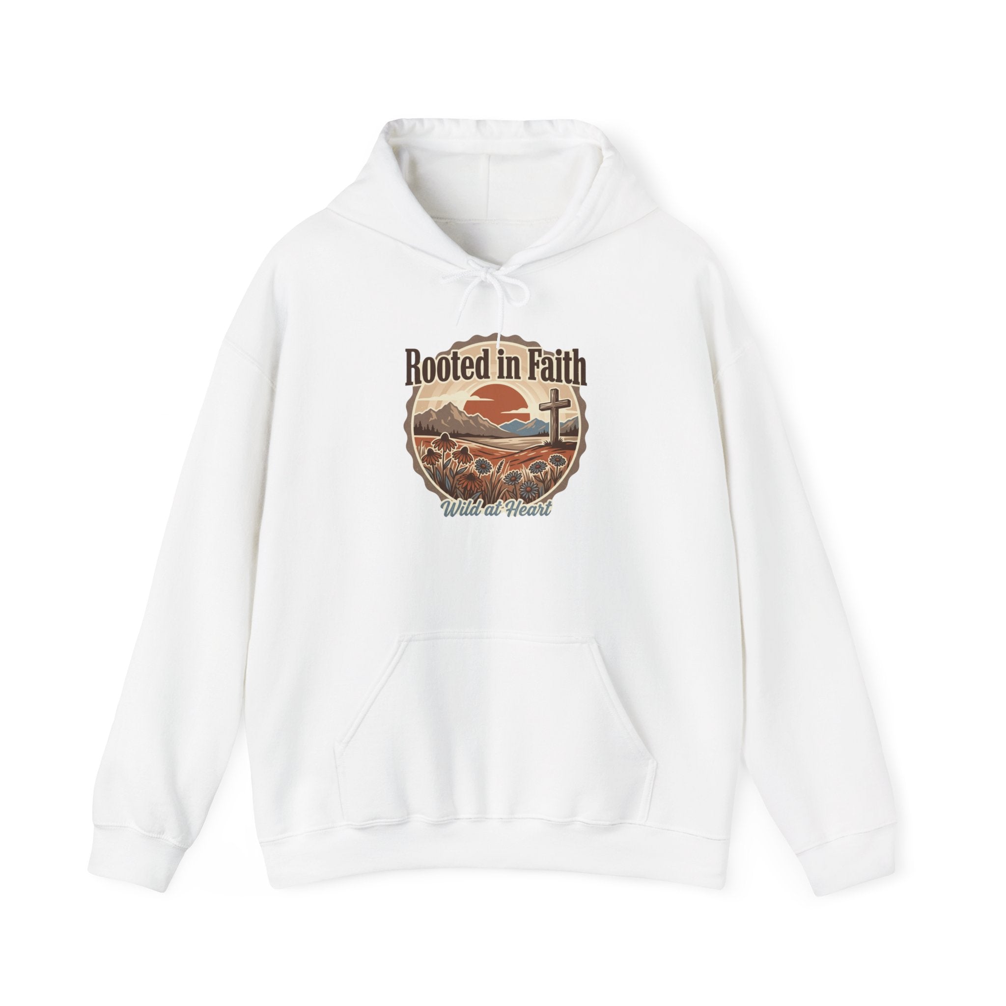 Rooted in Faith Hoodie — Christian Cross Sunset Design (Proverbs 16:25 Back)