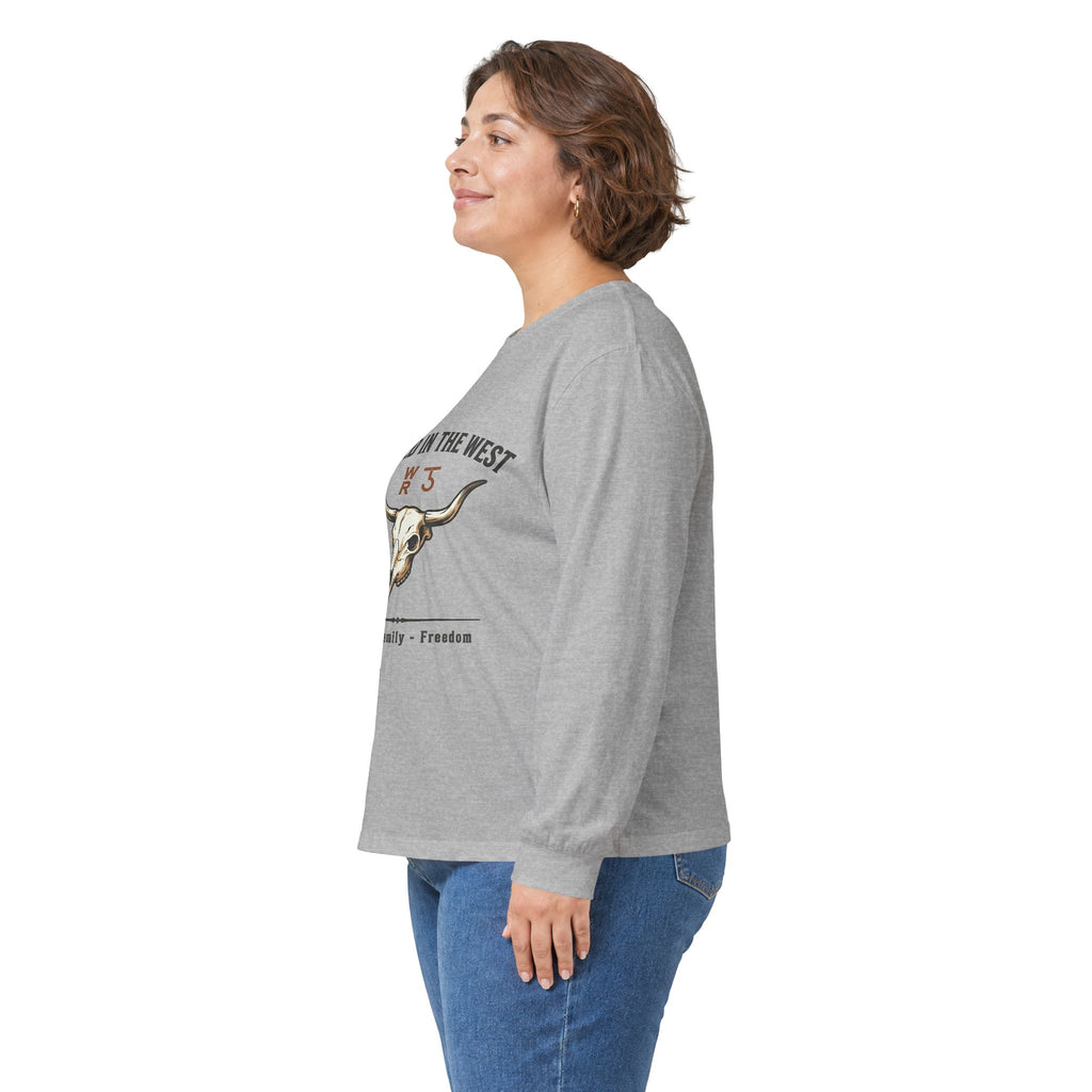 Rooted in the West Long Sleeve Tee — Vintage Steer Skull, Faith • Family • Freedom
