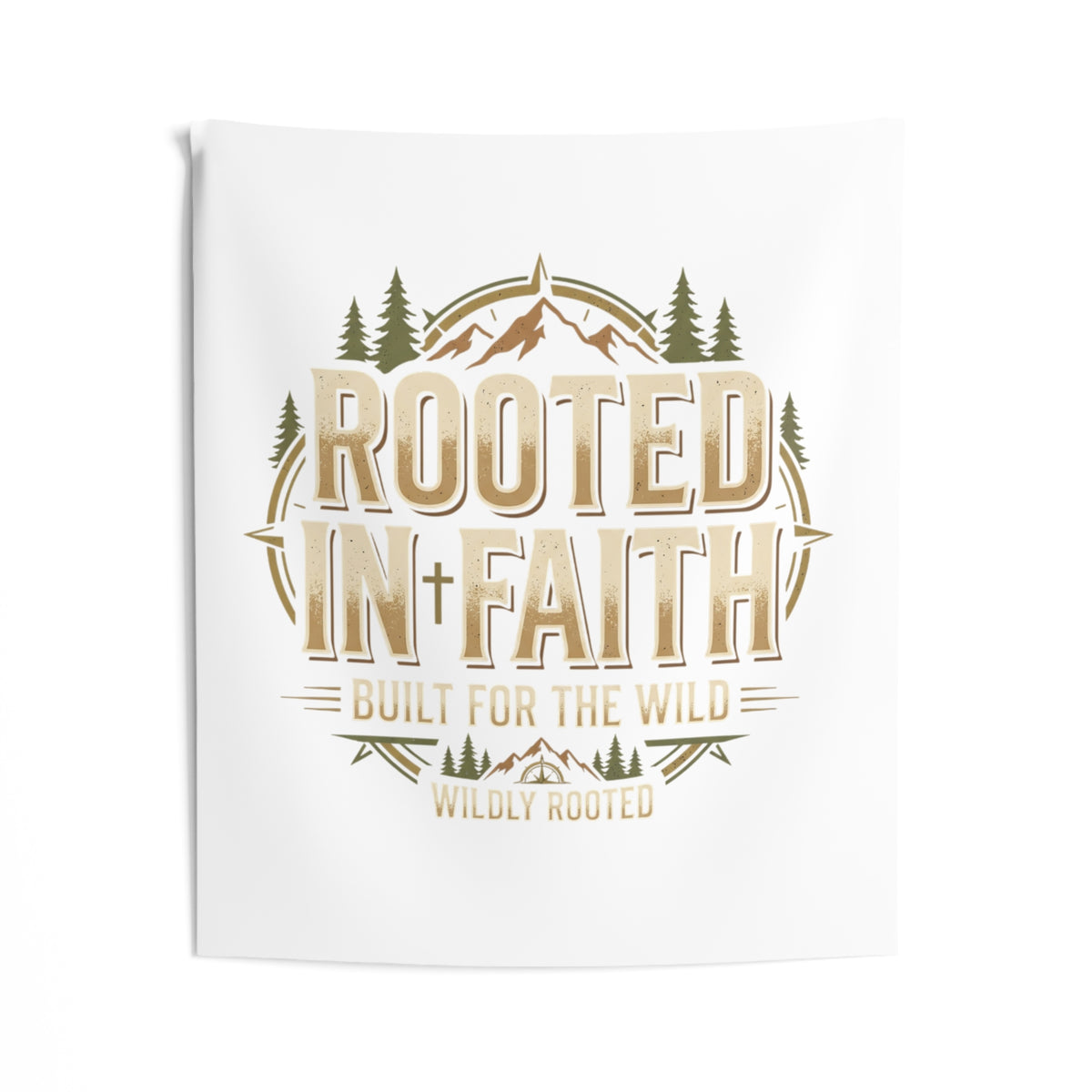 Rooted in Faith Wall Tapestry — Rustic Mountain Christian Home Decor