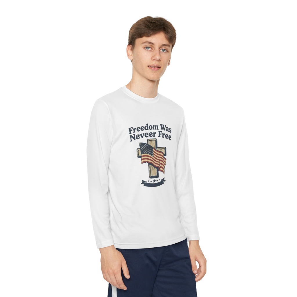 Youth Long Sleeve Tee — "Freedom Was Never Free" Patriotic Flag Design