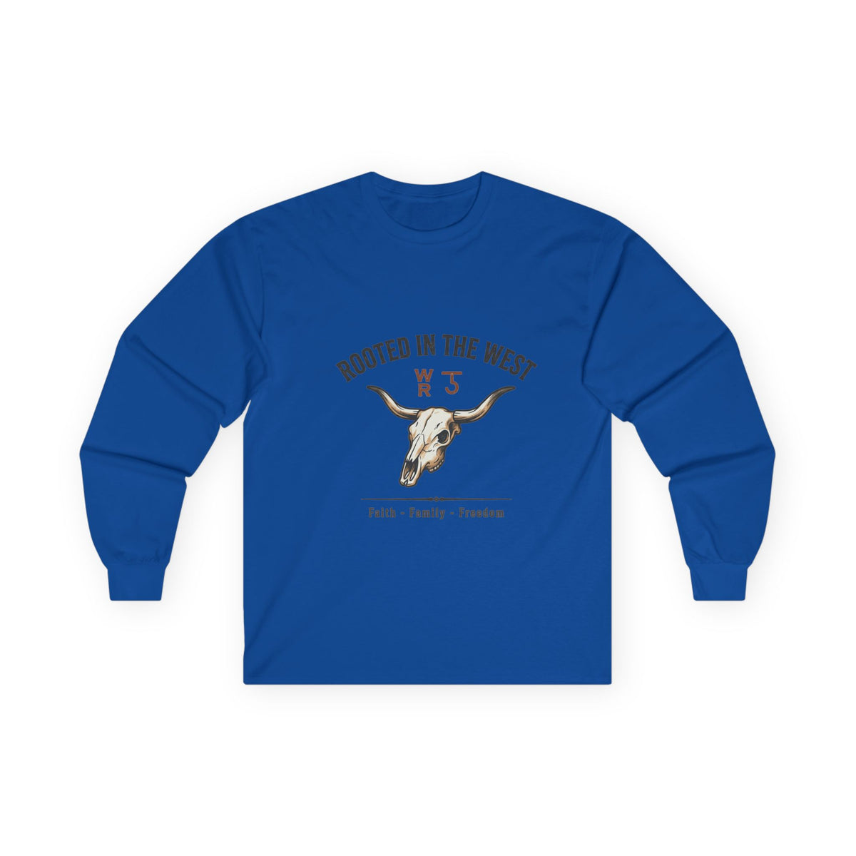 Rooted in the West Long Sleeve Tee — Vintage Steer Skull, Faith • Family • Freedom