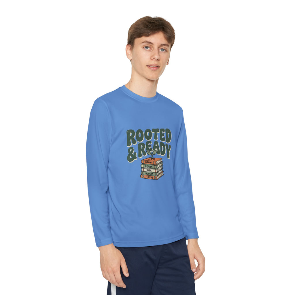 Rooted & Ready Youth Long Sleeve Tee - Stacked Books Graphic for Young Readers, Back-to-School Gift
