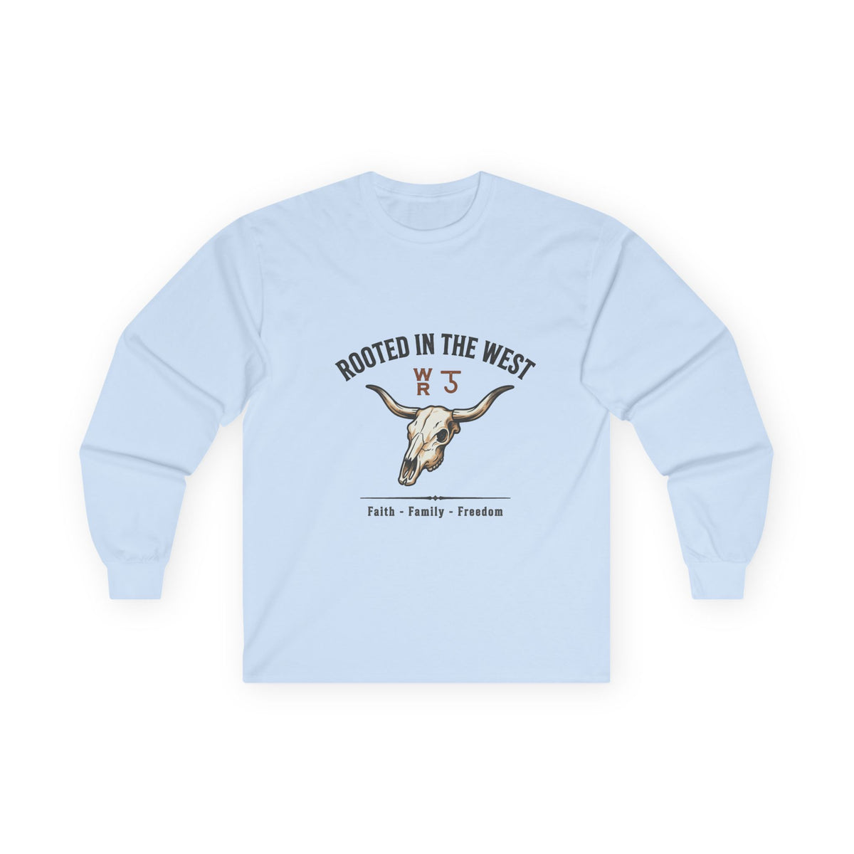 Rooted in the West Long Sleeve Tee — Vintage Steer Skull, Faith • Family • Freedom