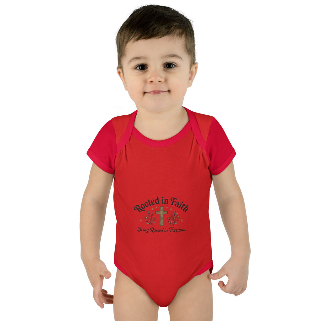 Infant Bodysuit - "Rooted in Faith" Cross Baby Onesie (Religious Newborn Gift)