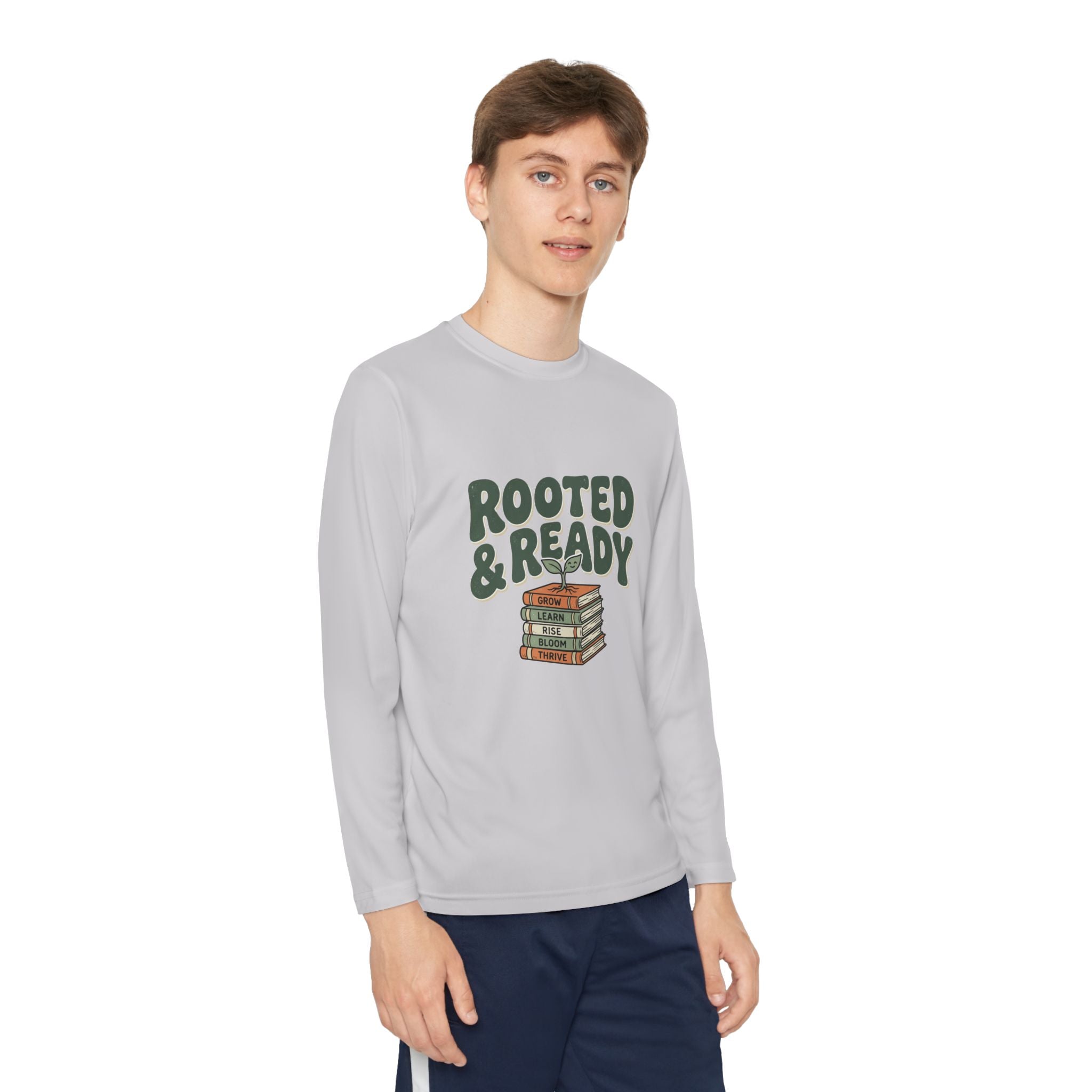 Rooted & Ready Youth Long Sleeve Tee - Stacked Books Graphic for Young Readers, Back-to-School Gift