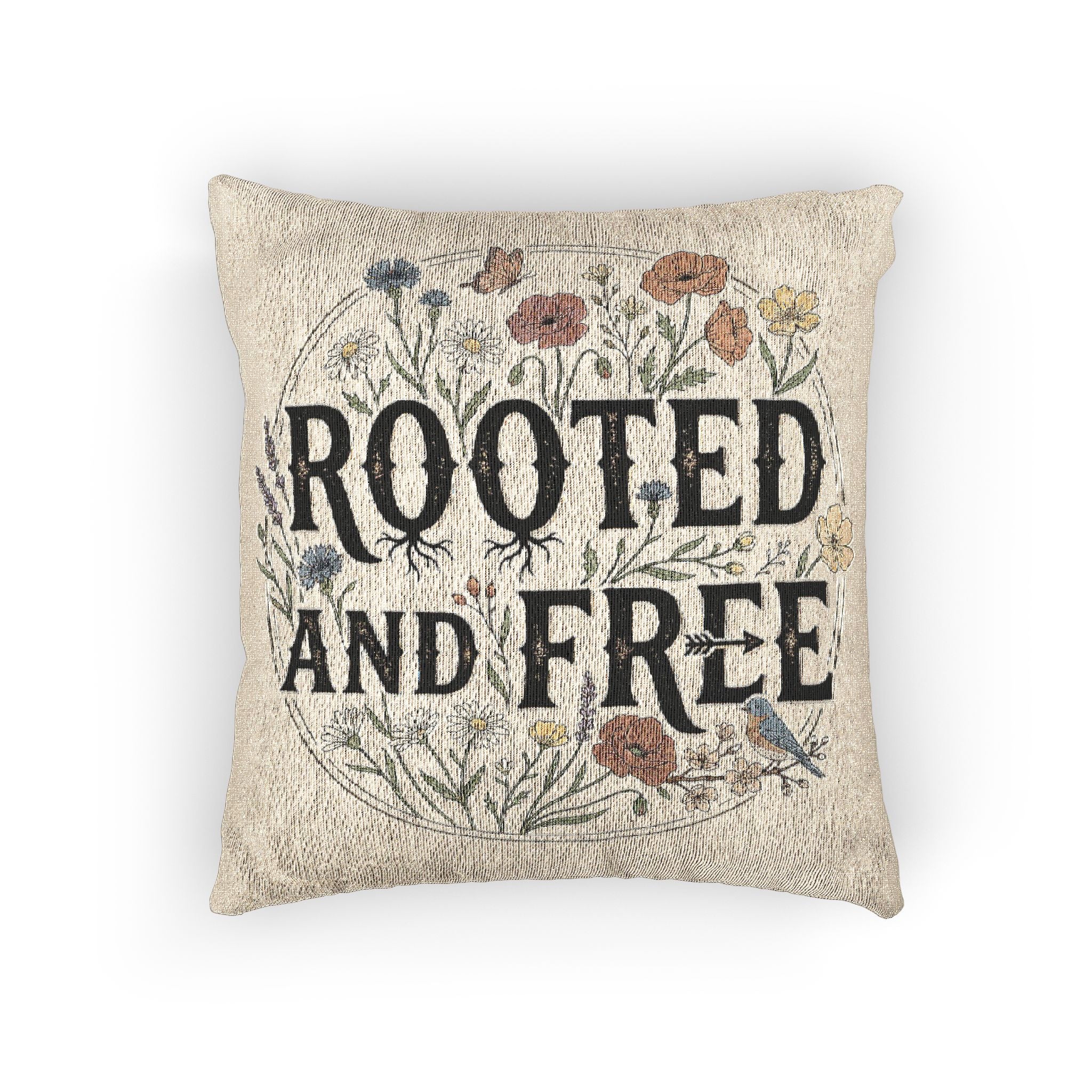 Woven Pillow - "Rooted and Free" Floral Tapestry Throw Pillow