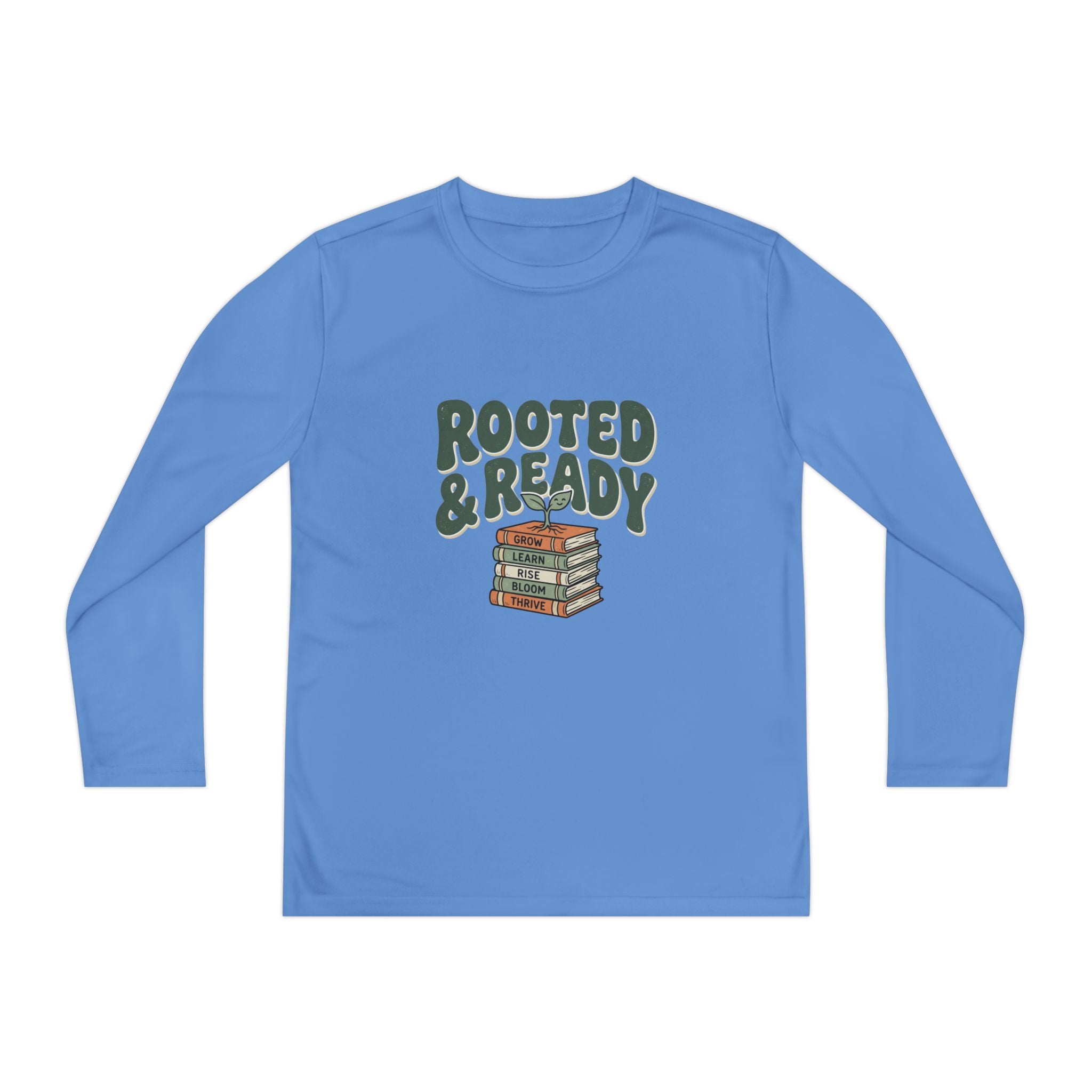 Rooted & Ready Youth Long Sleeve Tee - Stacked Books Graphic for Young Readers, Back-to-School Gift