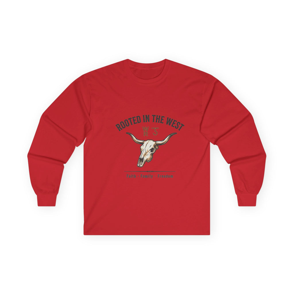 Rooted in the West Long Sleeve Tee — Vintage Steer Skull, Faith • Family • Freedom