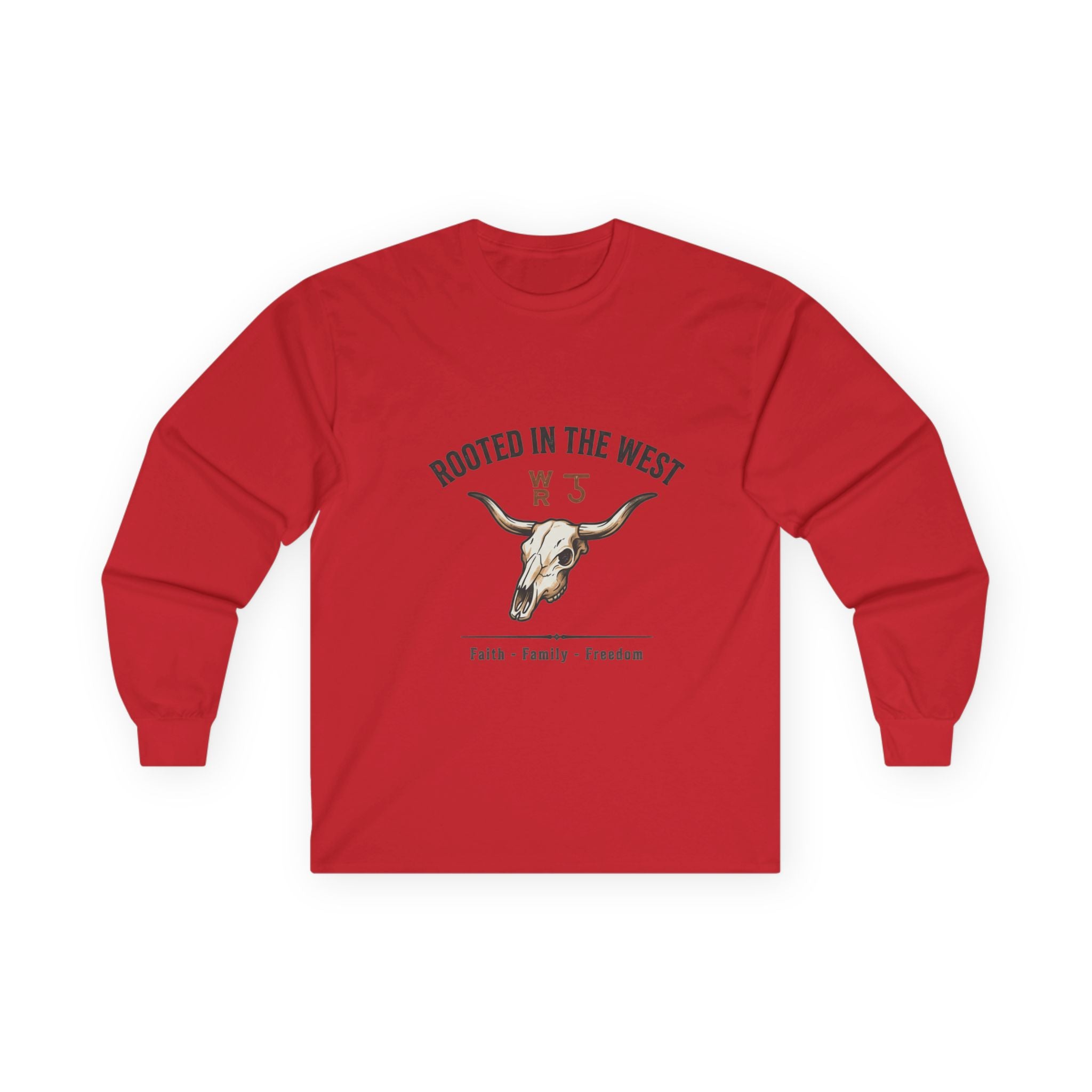 Rooted in the West Long Sleeve Tee — Vintage Steer Skull, Faith • Family • Freedom