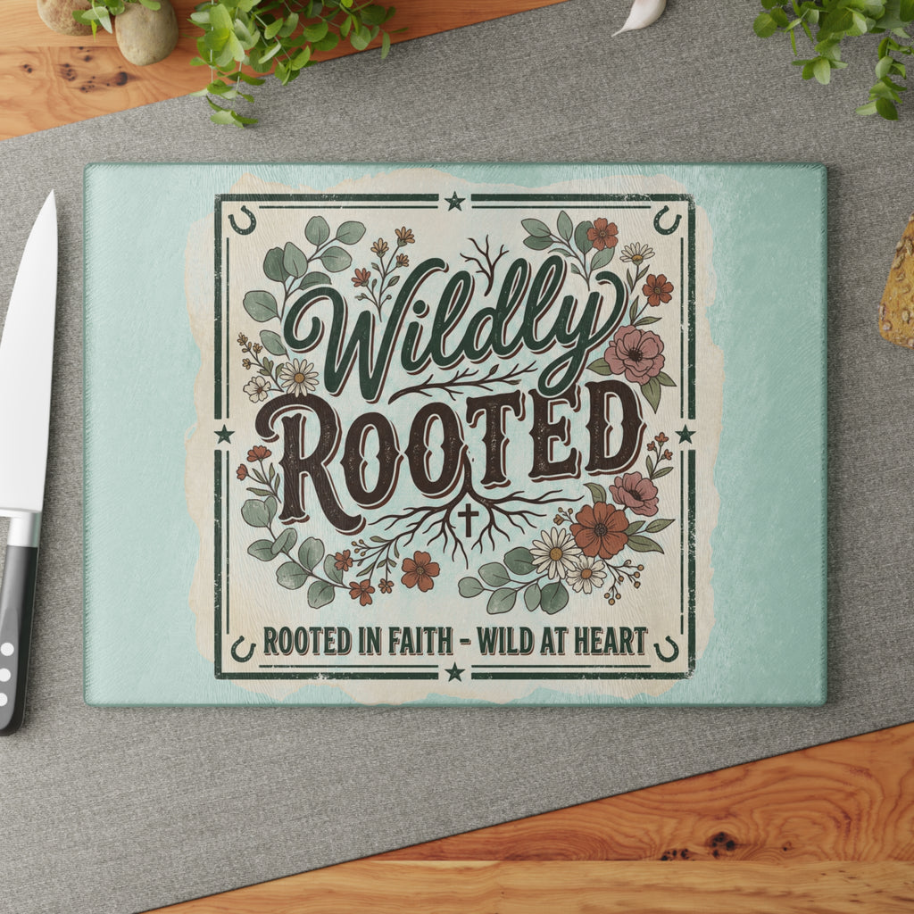 Glass Cutting Board — "Wildly Rooted" Floral Kitchen Cutting Board (Rooted in Faith, Wild at Heart)