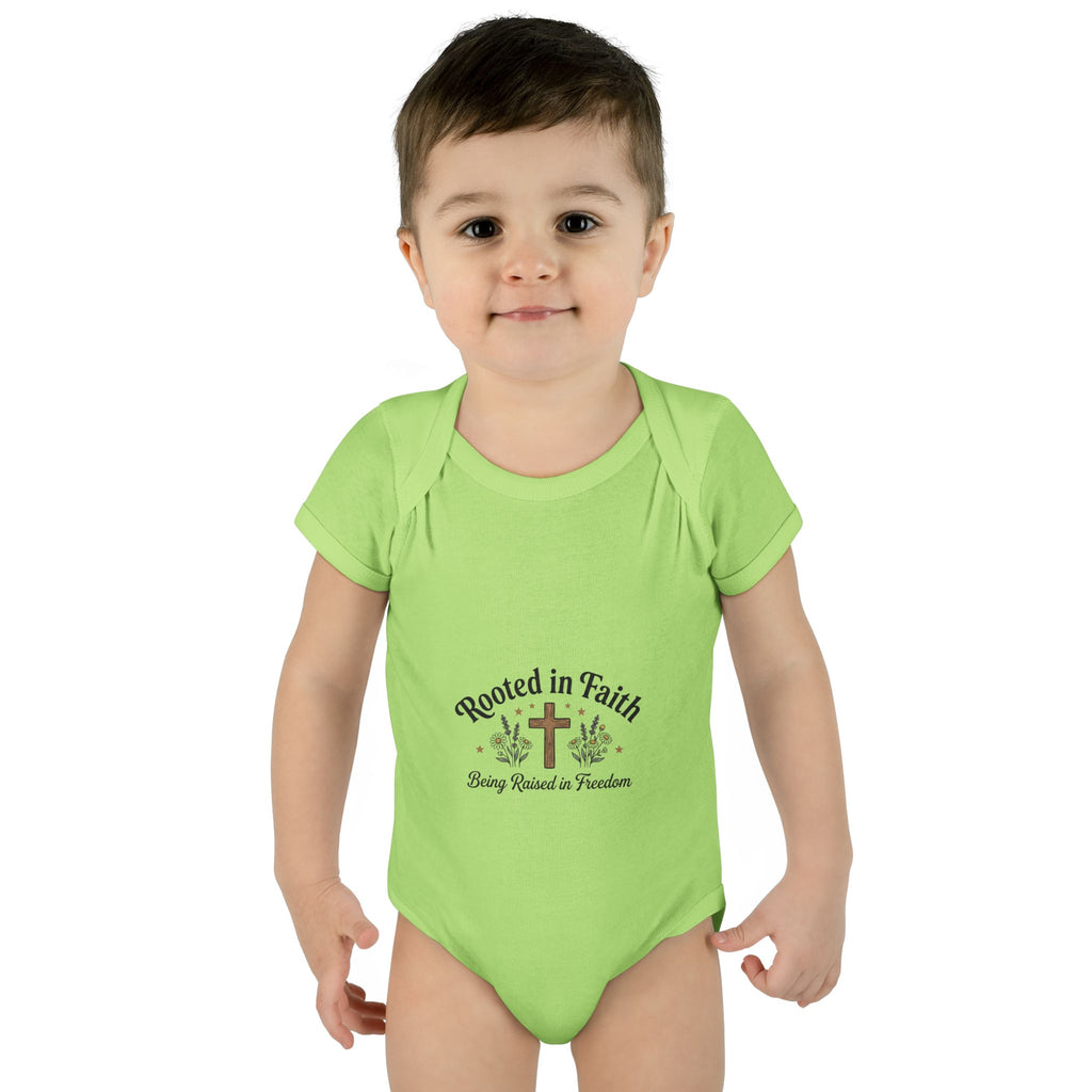 Infant Bodysuit - "Rooted in Faith" Cross Baby Onesie (Religious Newborn Gift)