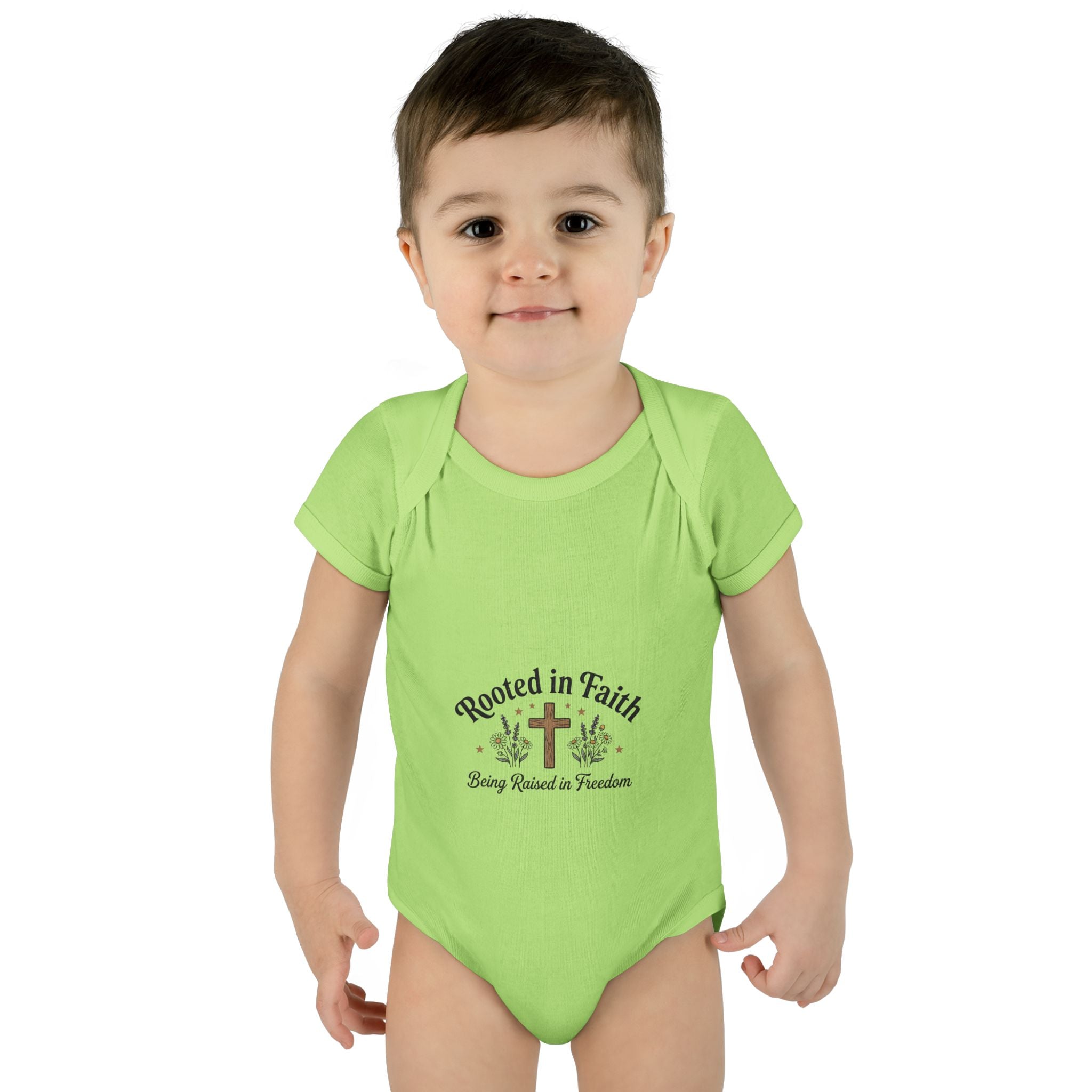 Infant Bodysuit - "Rooted in Faith" Cross Baby Onesie (Religious Newborn Gift)